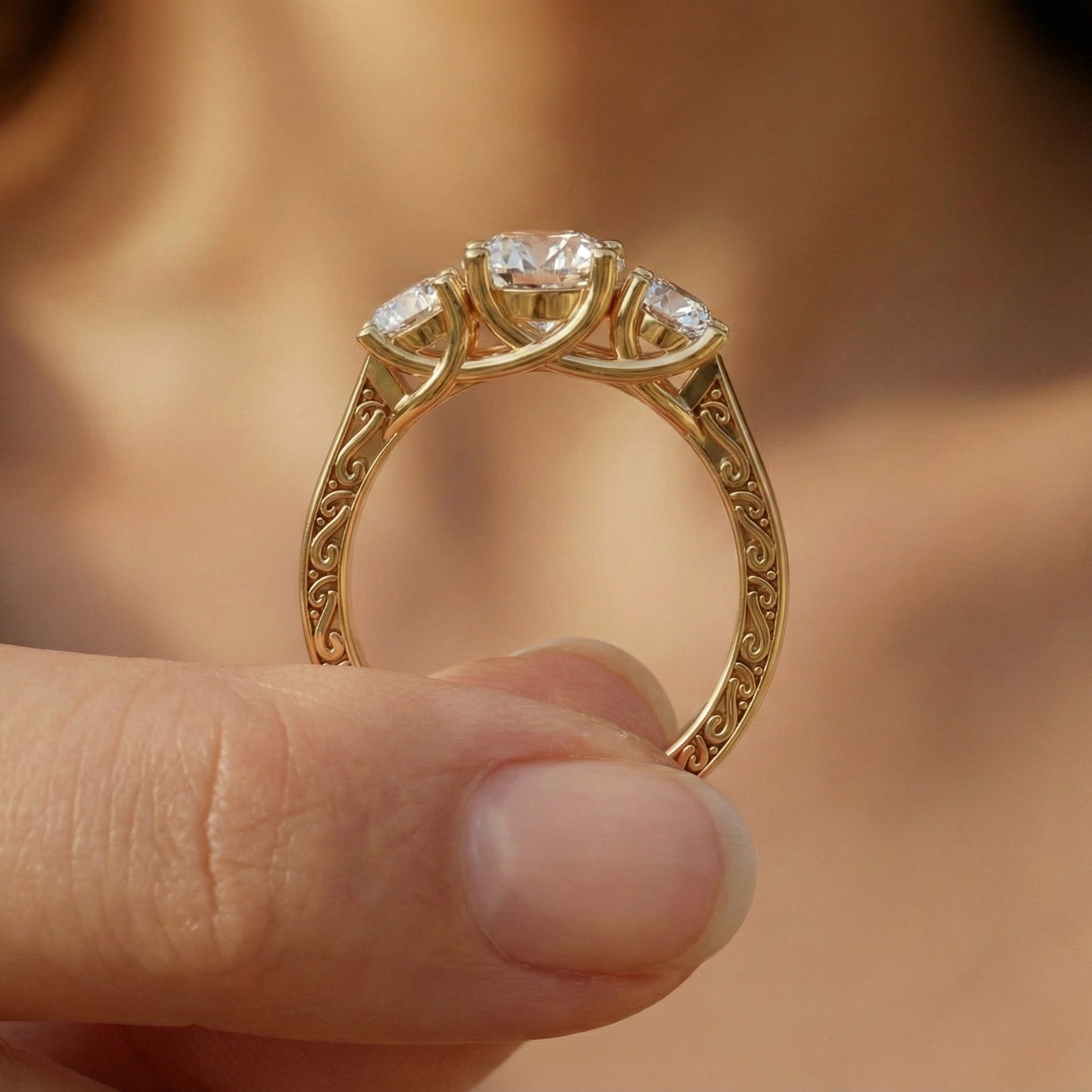 Vintage Three Stone Pave Filigree Engagement Ring in 14k Solid Gold, 1.84 TCW Round Cut Lab Created Diamonds, Everyday Gift for Wife