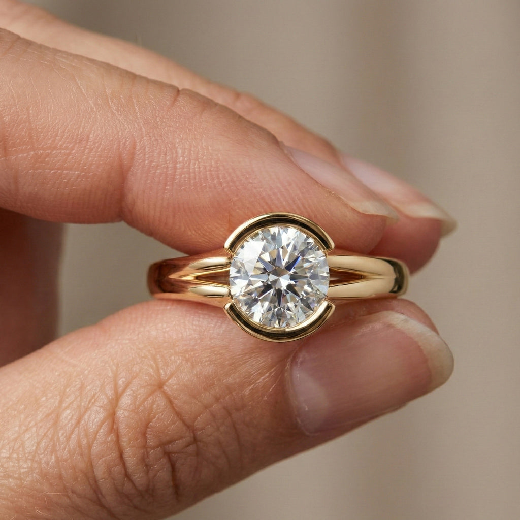 Split Shank Bezel Set Solitaire Engagement Ring in 14k Solid Gold, 0.50 CT CT Round Cut Lab Created Diamond, Wedding GIft for Her