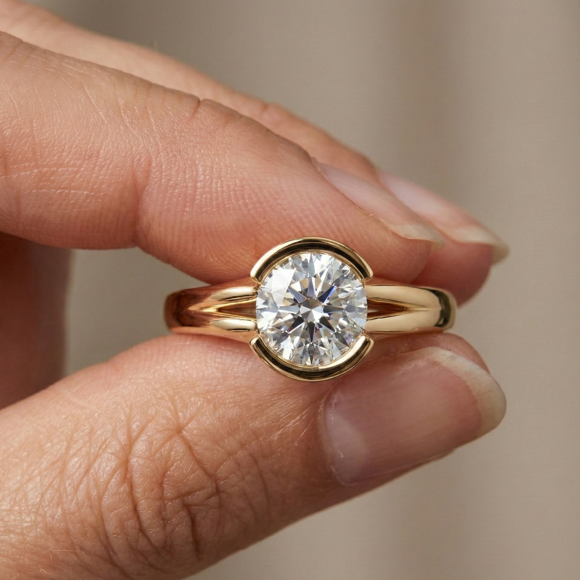 Split Shank Bezel Set Solitaire Engagement Ring in 14k Solid Gold, 0.50 CT CT Round Cut Lab Created Diamond, Wedding GIft for Her