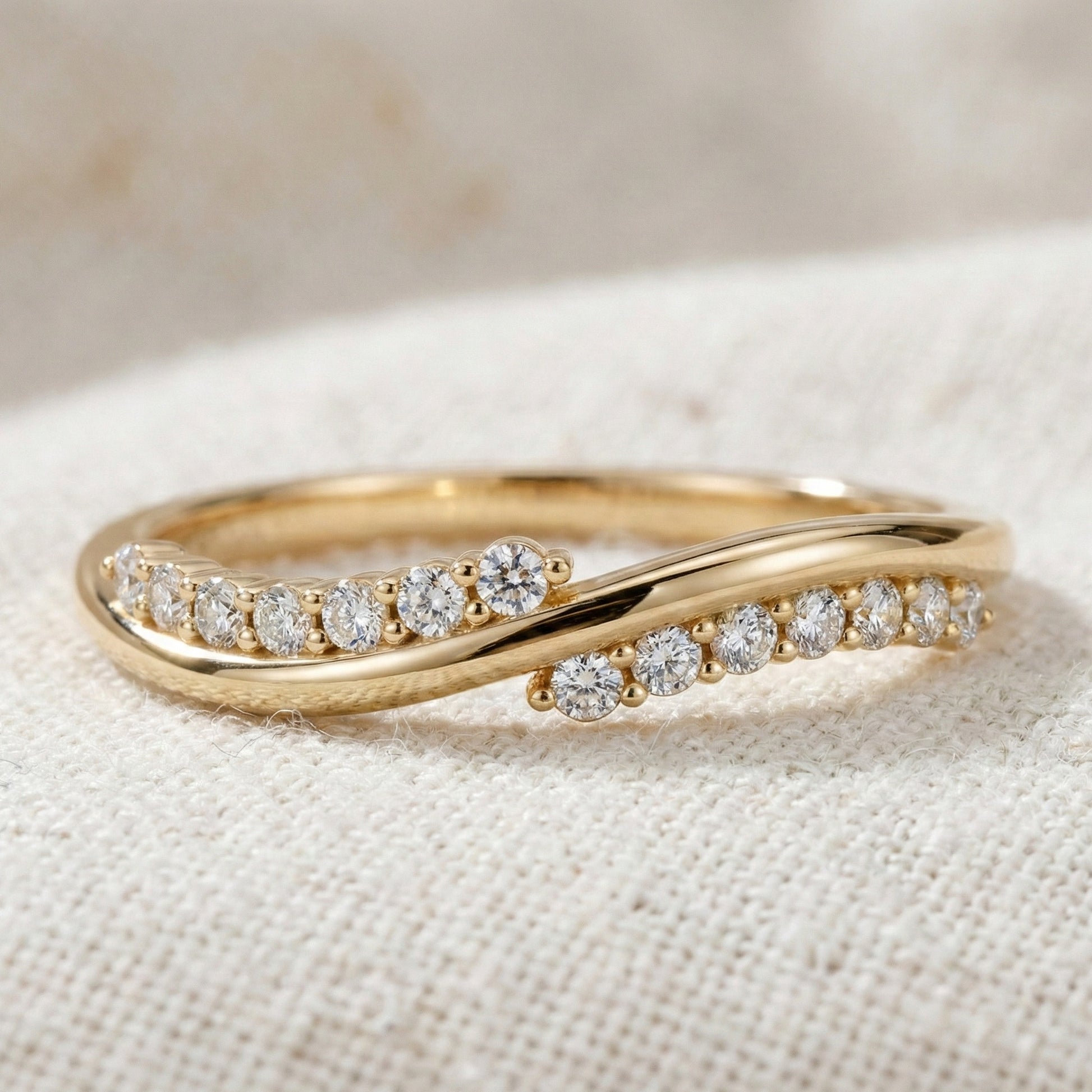 Curved Wave Crossover Wedding Band in Lab Diamond – 14k Rose Gold, Stacking Ring, Birthday Gift for Women