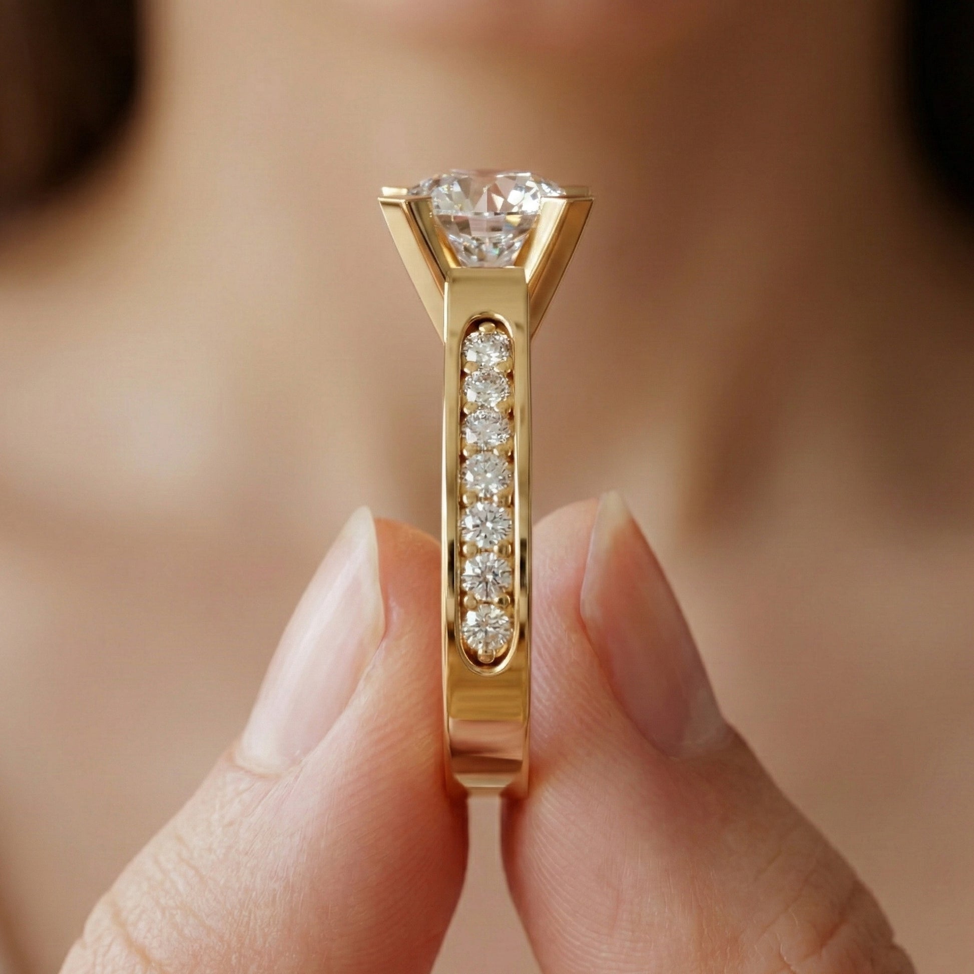 Modern Pavé Channel Set Engagement Ring in Solid 9k/14k Gold, 1.00 CT Round Cut Lab Diamond, Bridal Wedding Ring, Birthday Gift for Wife