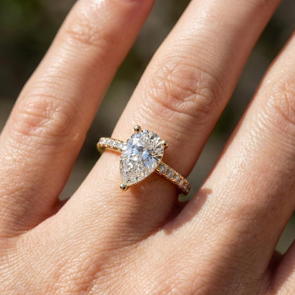 Dainty Pear Solitaire Pavé Engagement Ring in 14K Solid Gold, 1.50 CT Pear Cut Lab Grown Diamond, Proposal Jewelry, Anniversary Gift For Her