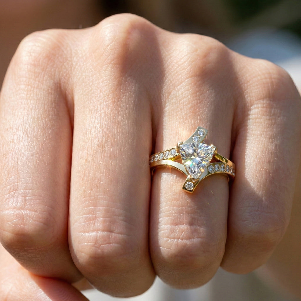 Trillion Cut Modern Sprit Shank Pave Engagement Ring in 14k Yellow Gold, Birthday Gift for Wife, Handmade Fine Jewelry