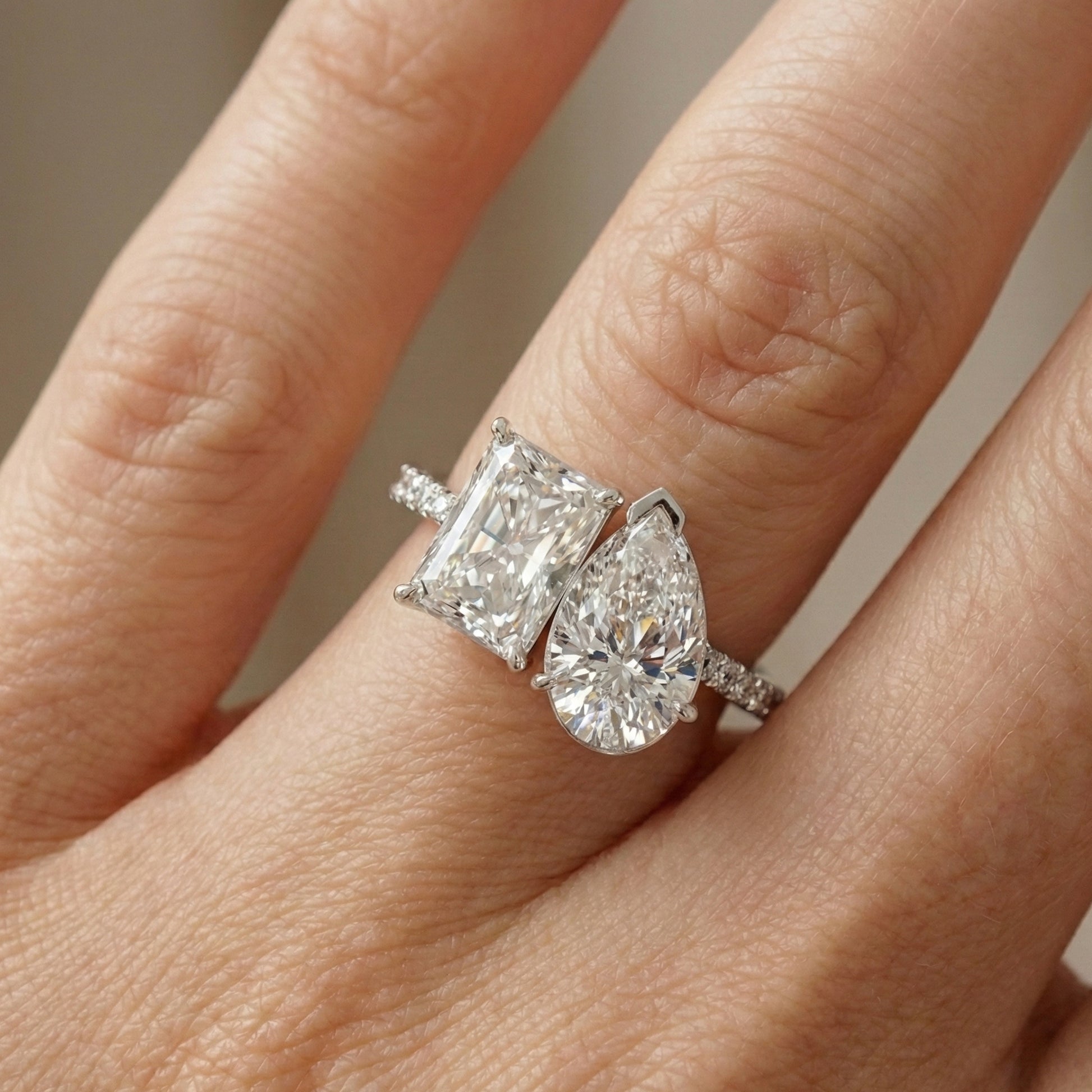 2.30 TCW Radiant/Pear Cut Open Toi et Moi Pave Engagement Ring in Lab Grown Diamond - 14K Solid Gold, Handmade Bridal Jewelry, Everyday Ring