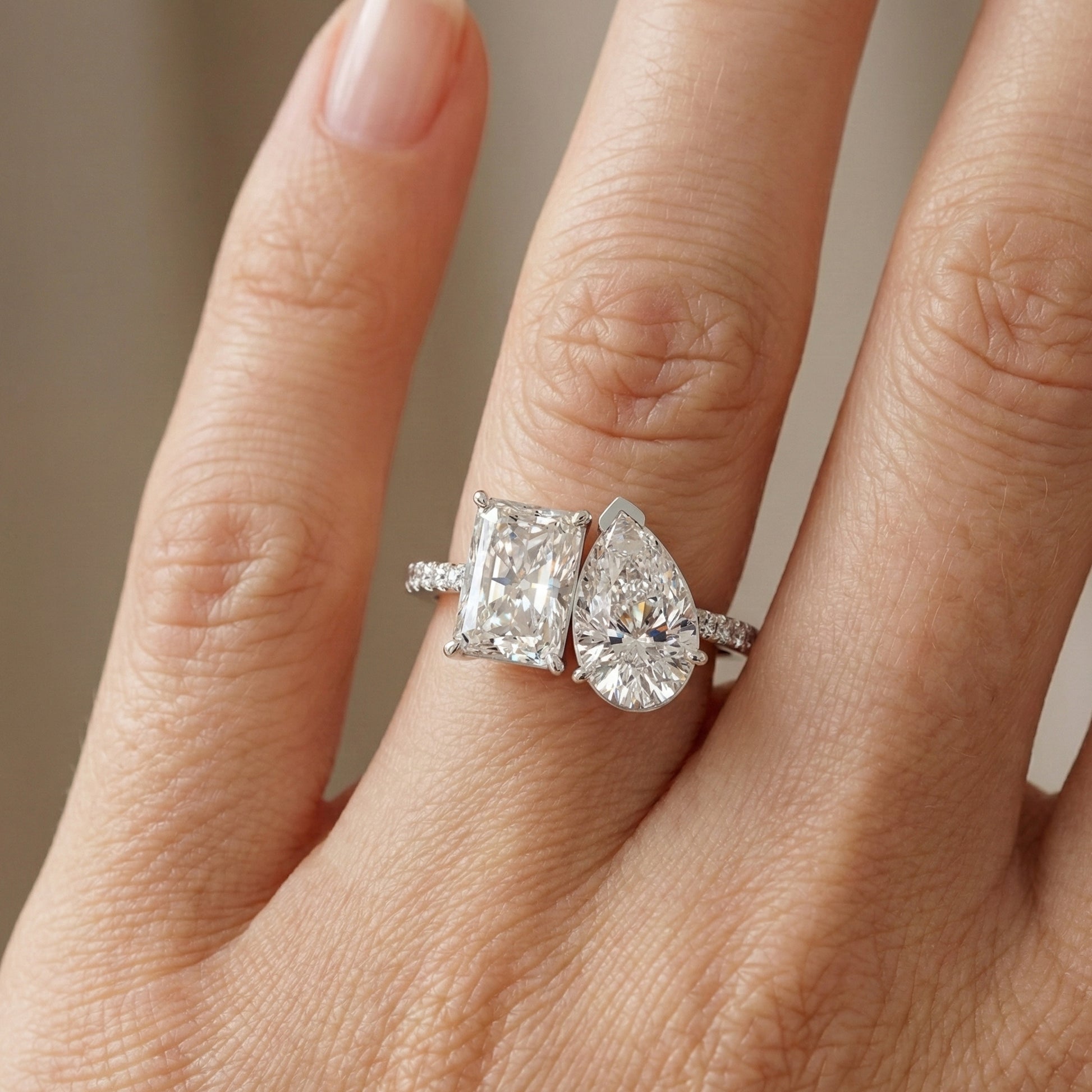 2.30 TCW Radiant/Pear Cut Open Toi et Moi Pave Engagement Ring in Lab Grown Diamond - 14K Solid Gold, Handmade Bridal Jewelry, Everyday Ring