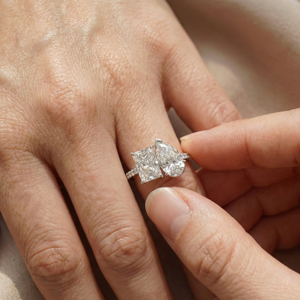 2.30 TCW Radiant/Pear Cut Open Toi et Moi Pave Engagement Ring in Lab Grown Diamond - 14K Solid Gold, Handmade Bridal Jewelry, Everyday Ring