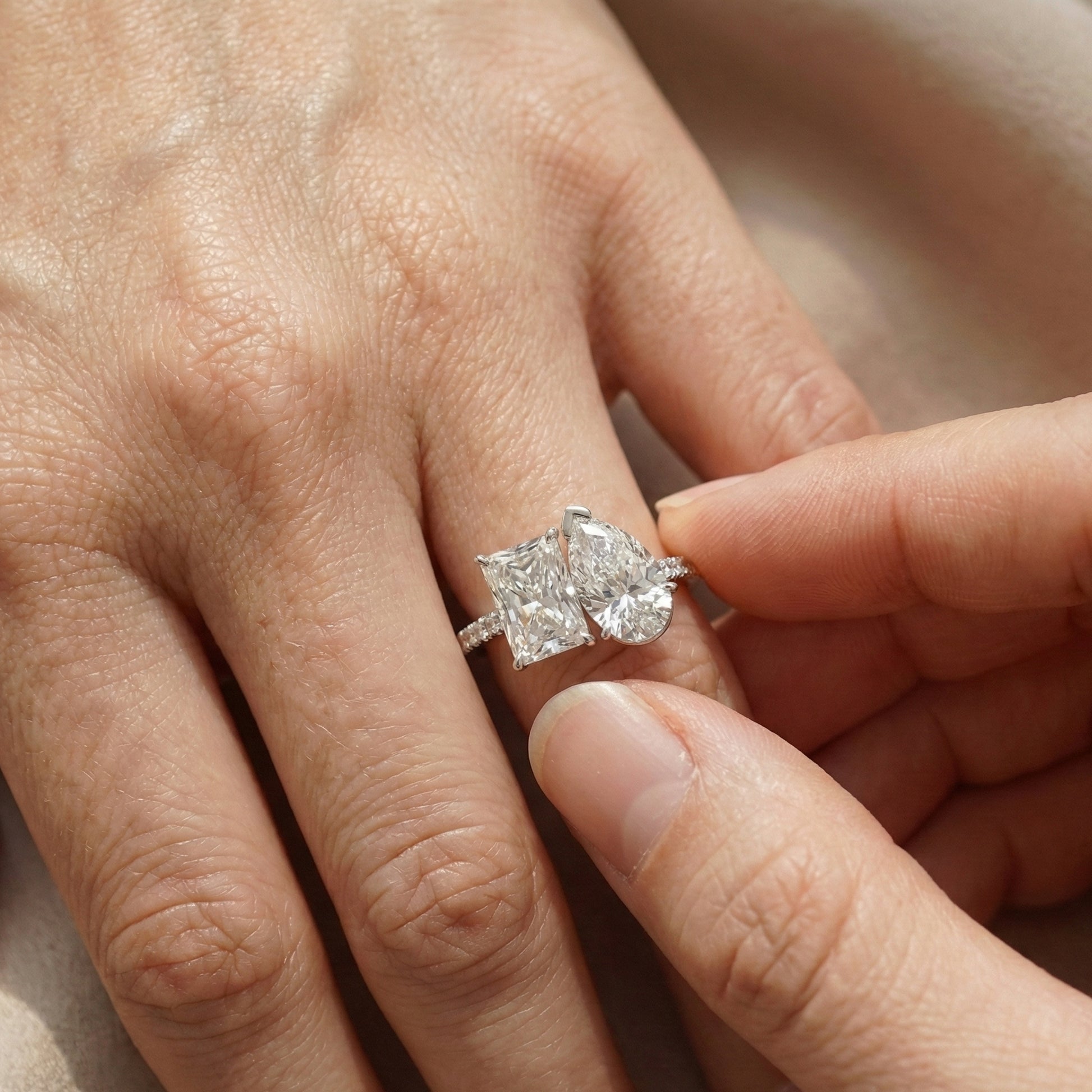 2.30 TCW Radiant/Pear Cut Open Toi et Moi Pave Engagement Ring in Lab Grown Diamond - 14K Solid Gold, Handmade Bridal Jewelry, Everyday Ring