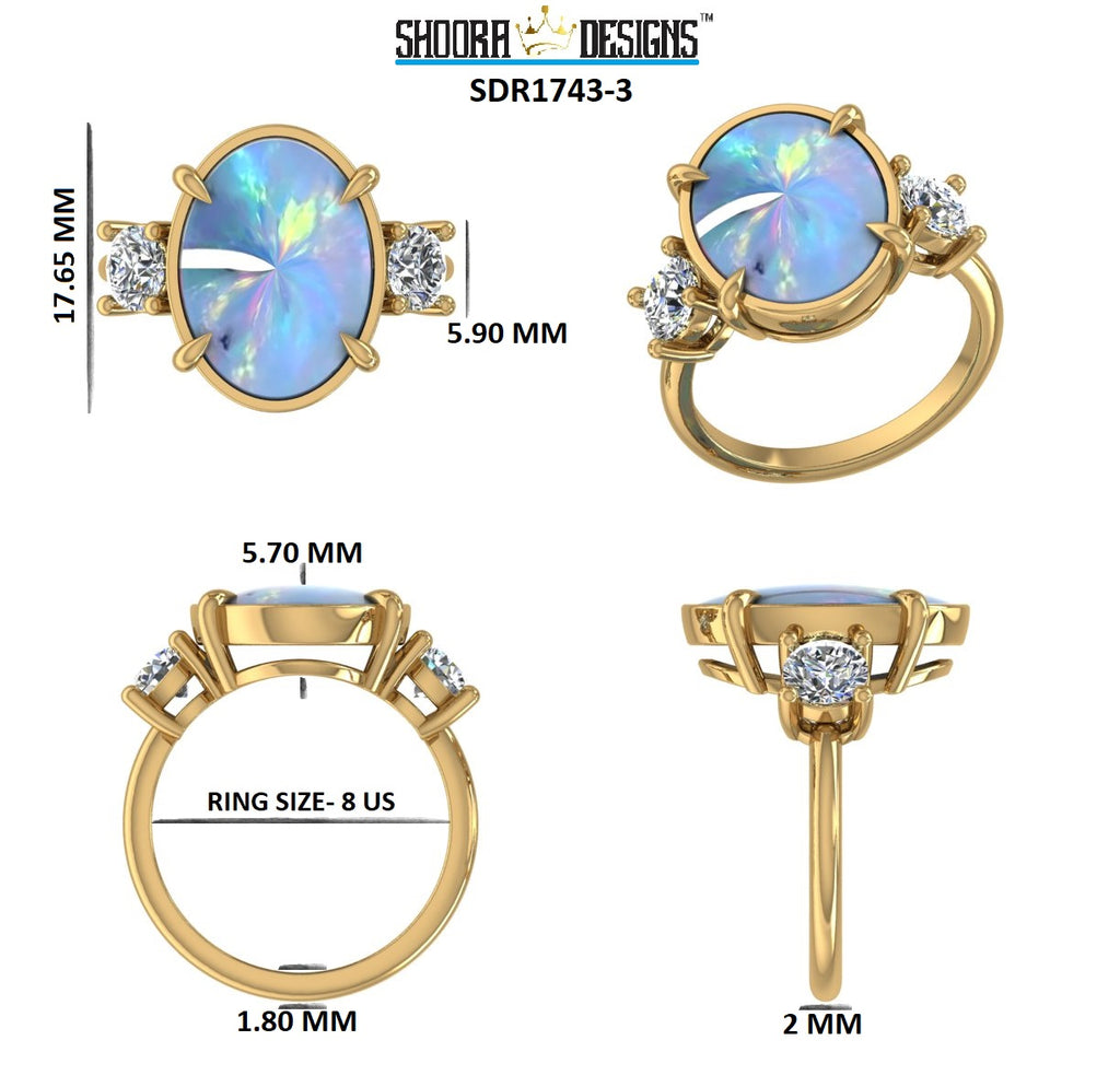 14k Solid Yellow Gold Oval Blue Australian Opal & Lab-Grown Diamond Three-Stone Ring