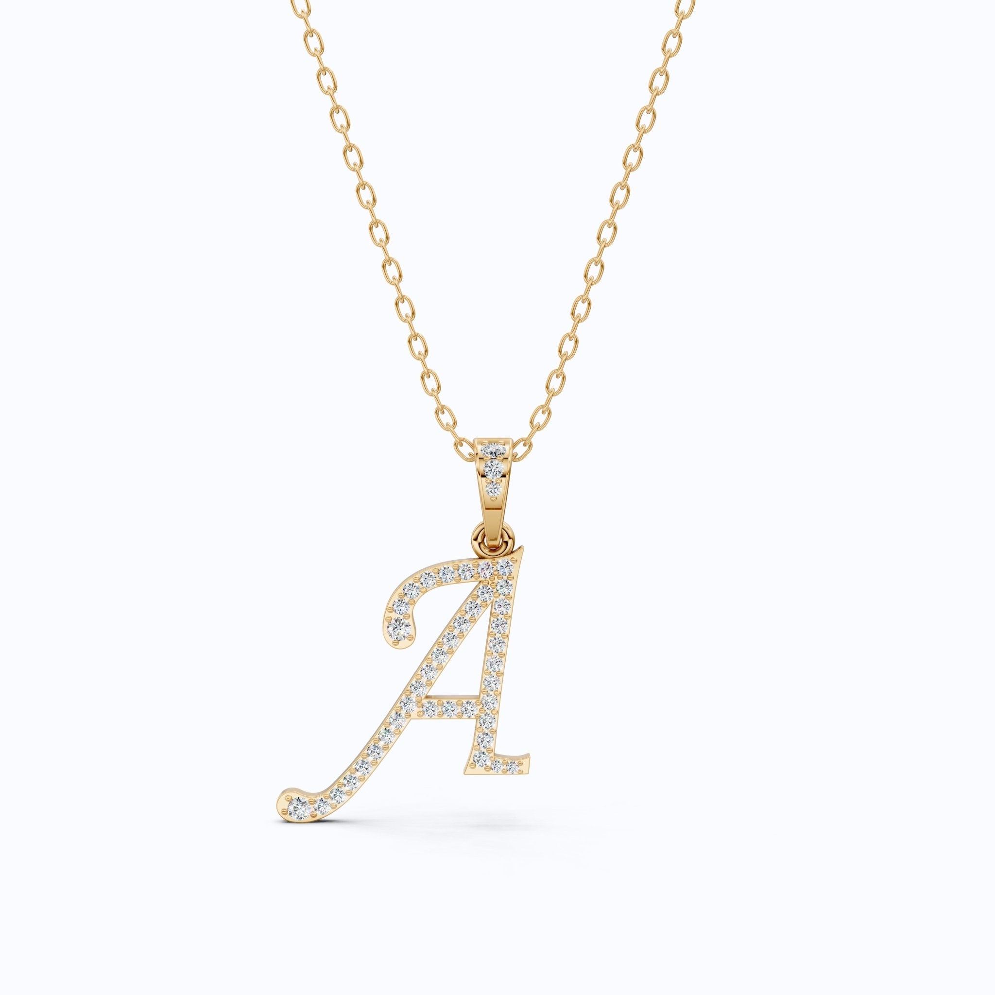 "A" Script Pavé Initial Pendant in Lab Diamond – 14k Solid Gold, Alphabet Jewelry For Him/Her, Handmade Jewelry, Birthday Gift - Shoora Designs