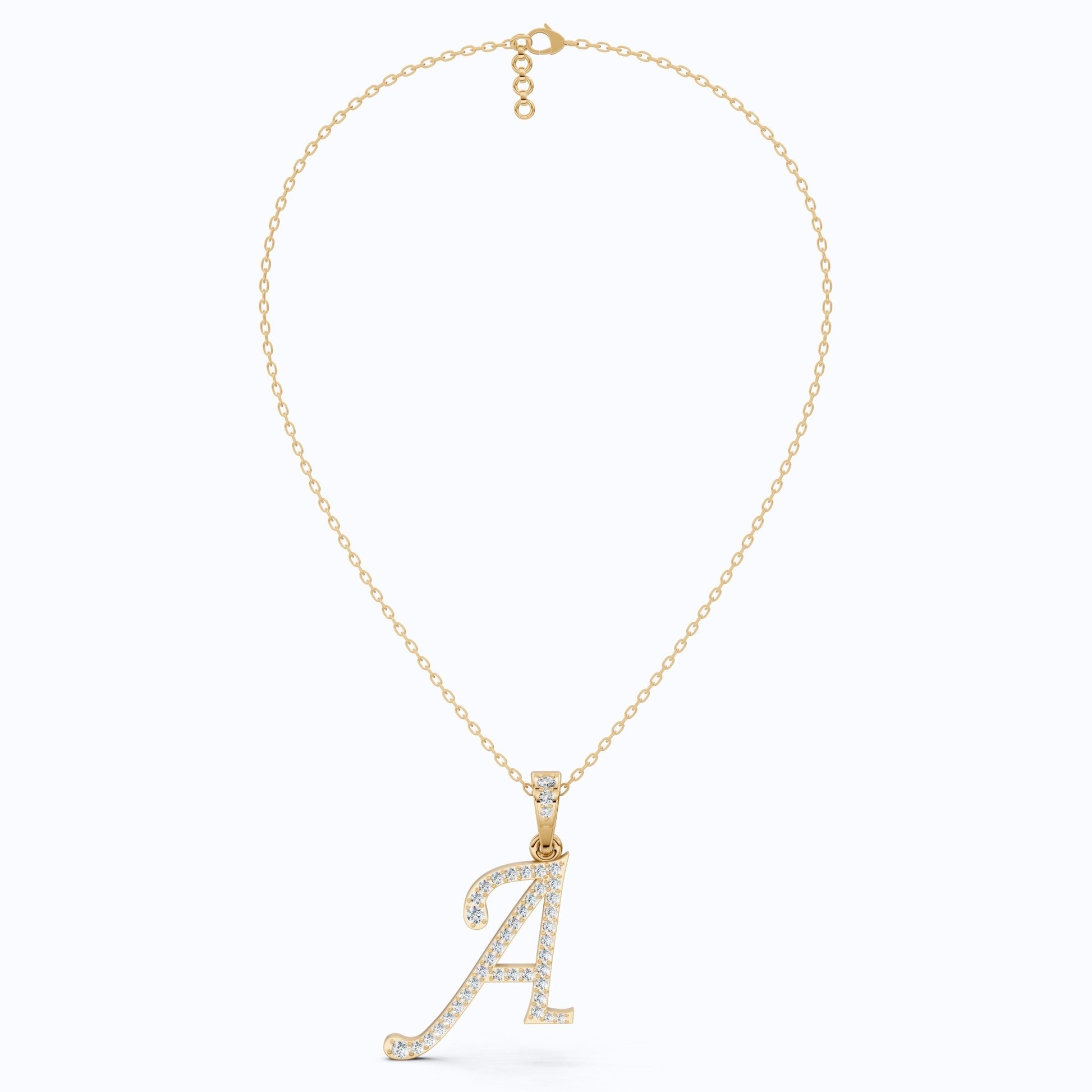 "A" Script Pavé Initial Pendant in Lab Diamond – 14k Solid Gold, Alphabet Jewelry For Him/Her, Handmade Jewelry, Birthday Gift - Shoora Designs