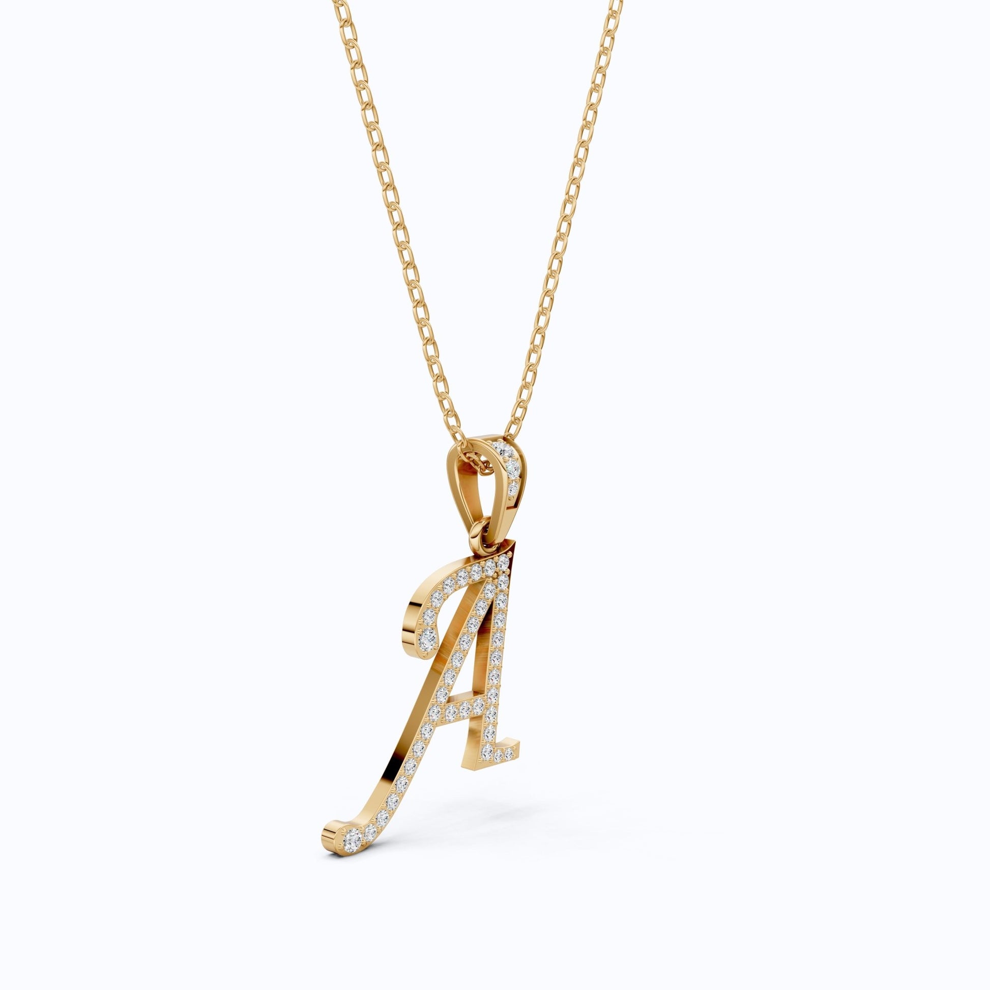 "A" Script Pavé Initial Pendant in Lab Diamond – 14k Solid Gold, Alphabet Jewelry For Him/Her, Handmade Jewelry, Birthday Gift - Shoora Designs