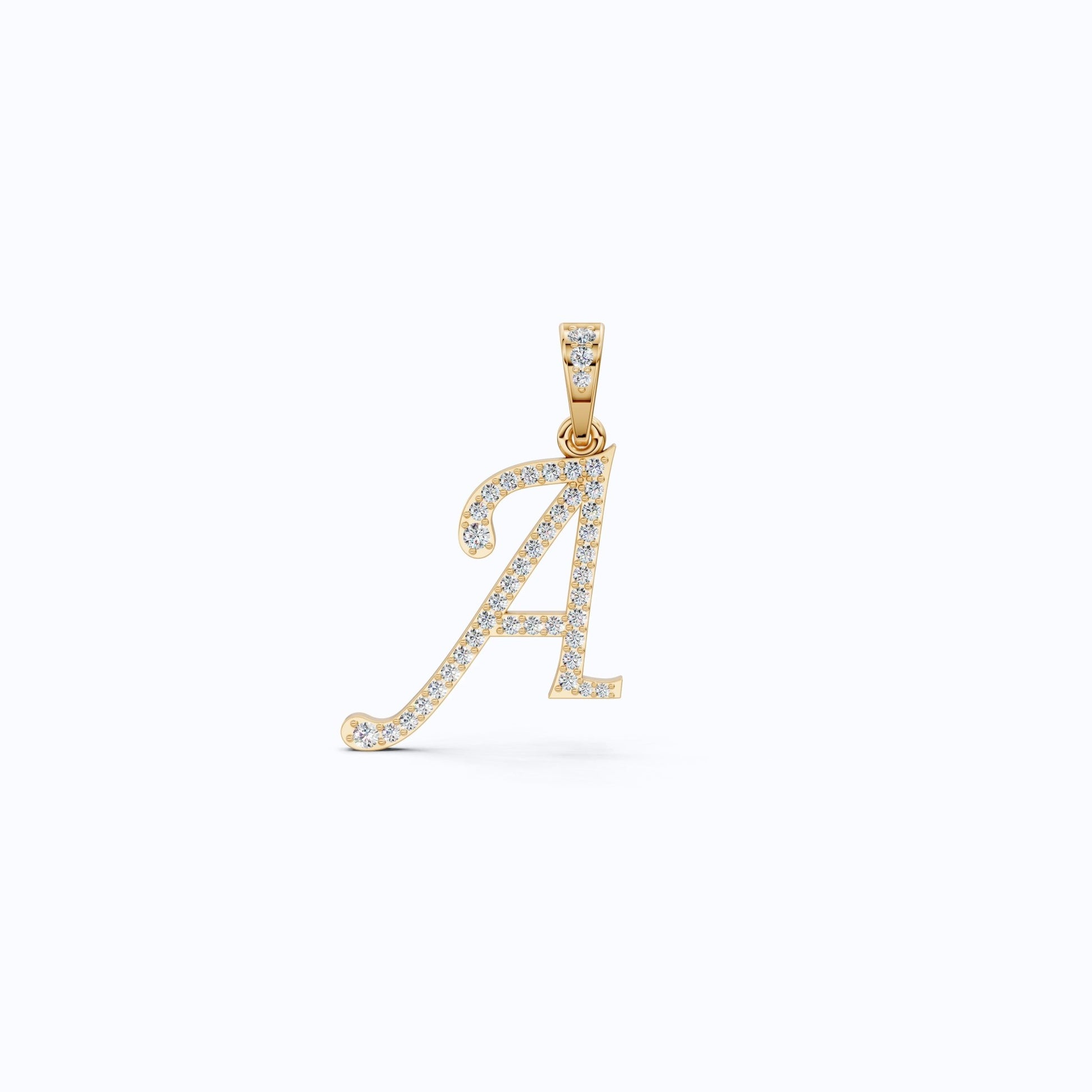 "A" Script Pavé Initial Pendant in Lab Diamond – 14k Solid Gold, Alphabet Jewelry For Him/Her, Handmade Jewelry, Birthday Gift - Shoora Designs