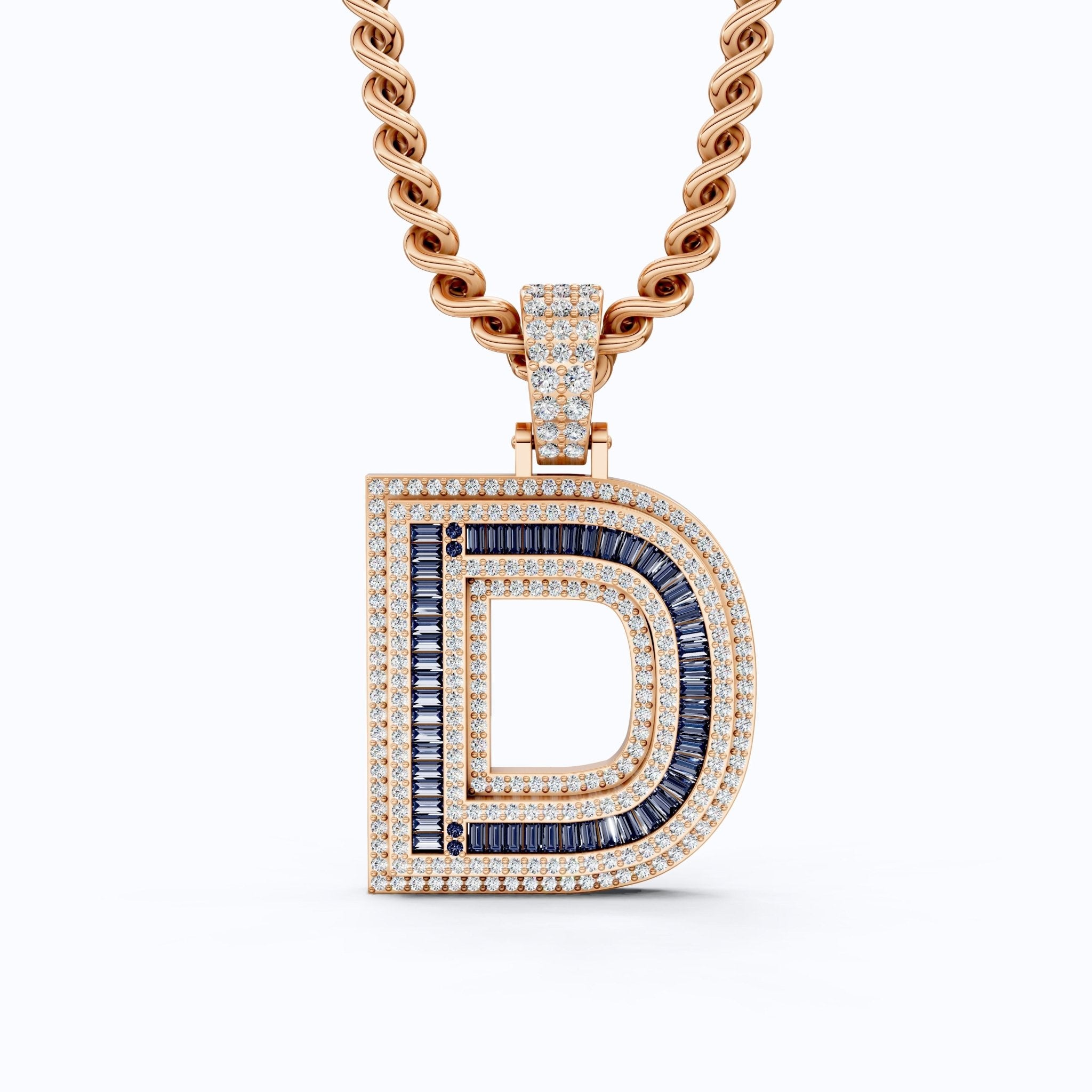 Alphabet Initial D Baguette Pavé Hip - Hop Pendant in Lab Diamond or Sapphire Gemstone – 14k White Gold, Iced Out Pendant Gift for Him - Shoora Designs