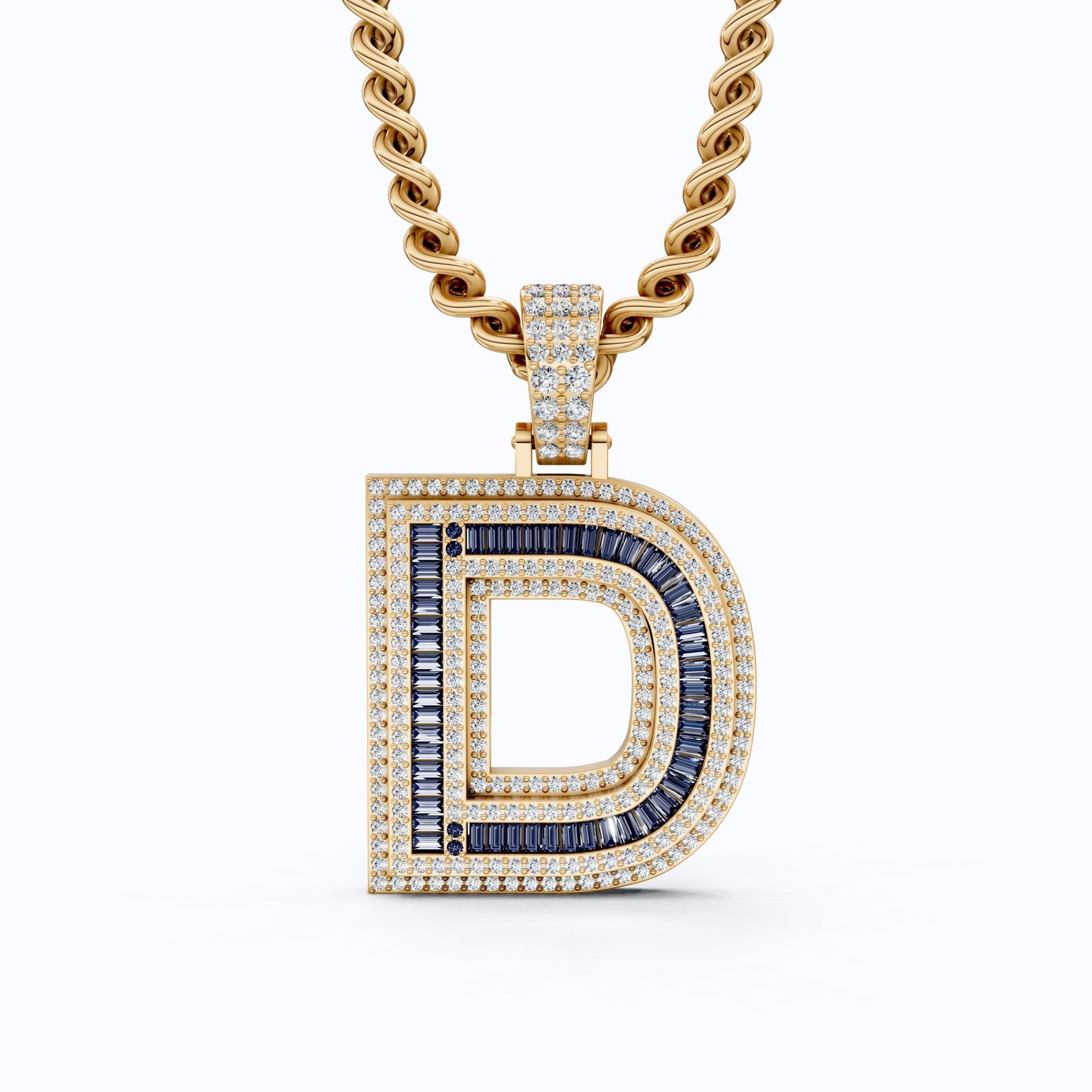 Alphabet Initial D Baguette Pavé Hip - Hop Pendant in Lab Diamond or Sapphire Gemstone – 14k White Gold, Iced Out Pendant Gift for Him - Shoora Designs