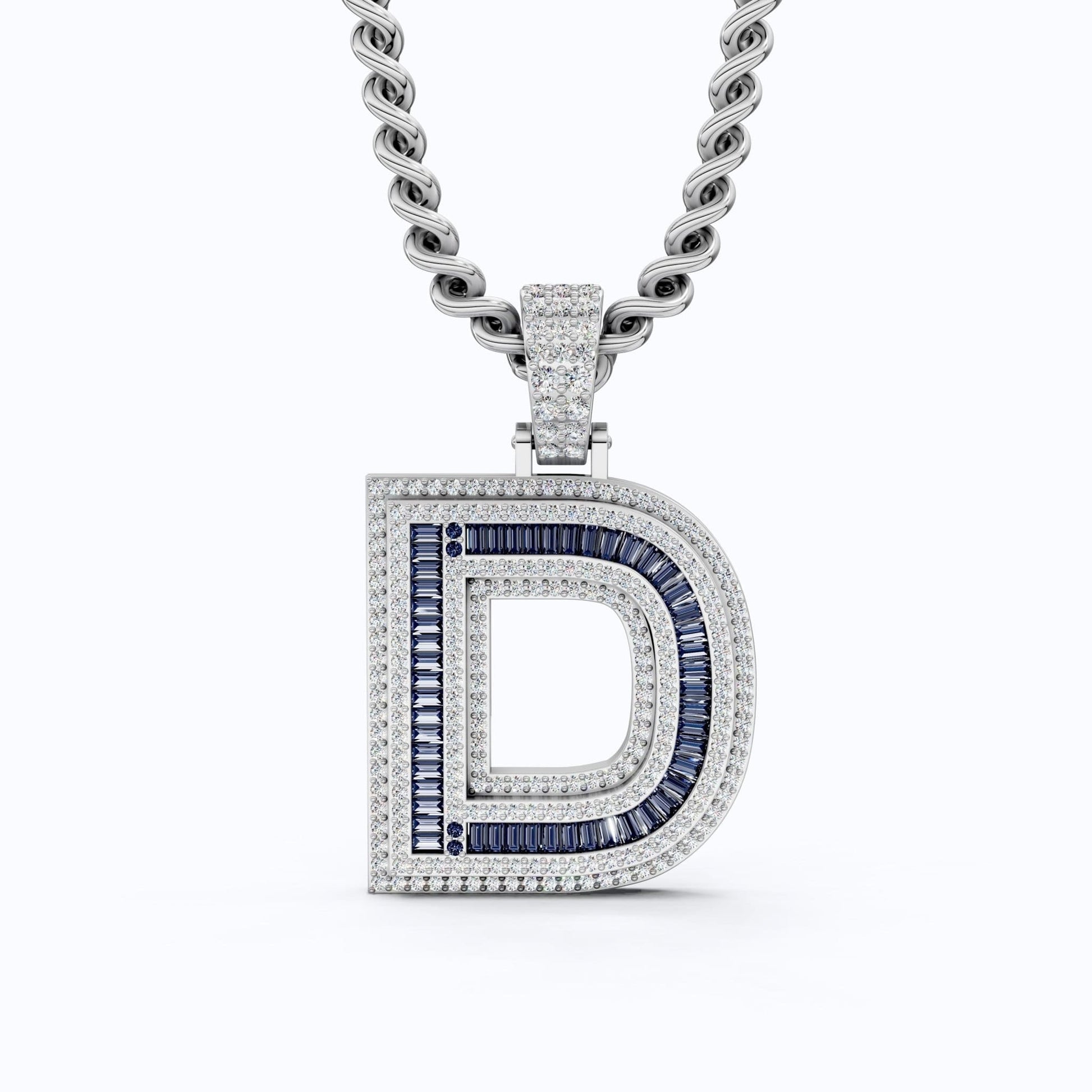 Alphabet Initial D Baguette Pavé Hip-Hop Pendant in Lab Diamond or Sapphire Gemstone – 14k White Gold, Iced Out Pendant Gift for Him