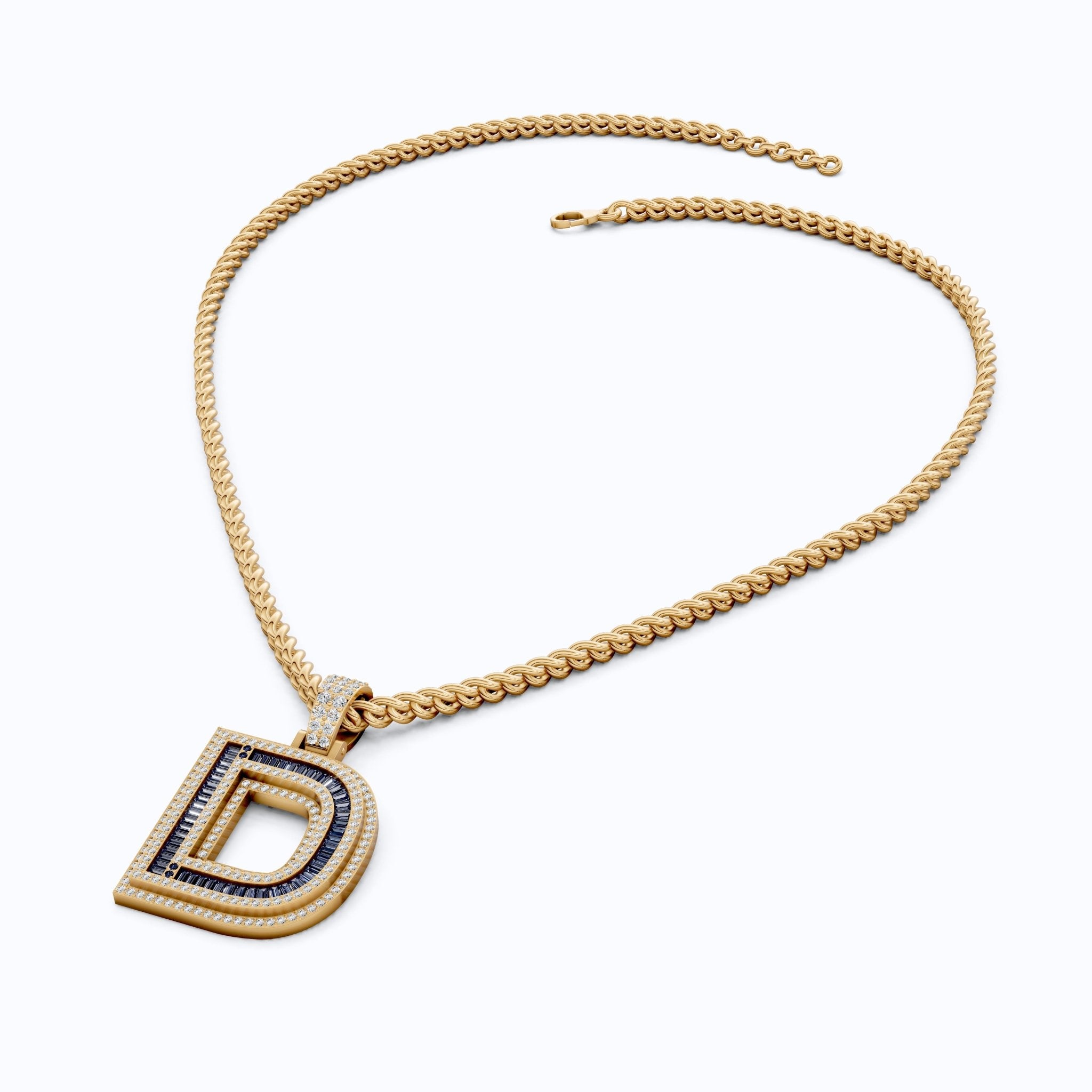 Alphabet Initial D Baguette Pavé Hip - Hop Pendant in Lab Diamond or Sapphire Gemstone – 14k White Gold, Iced Out Pendant Gift for Him - Shoora Designs