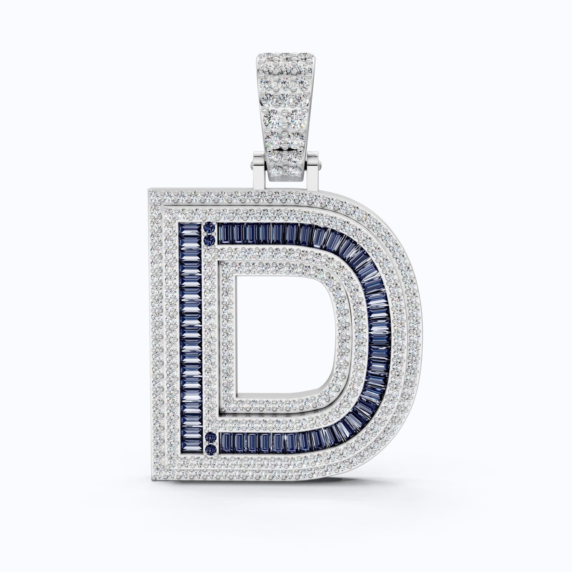 Alphabet Initial D Baguette Pavé Hip - Hop Pendant in Lab Diamond or Sapphire Gemstone – 14k White Gold, Iced Out Pendant Gift for Him - Shoora Designs