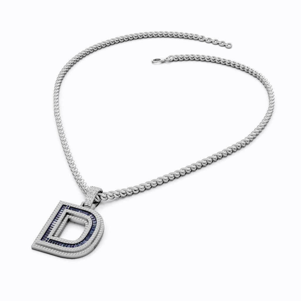 Alphabet Initial D Baguette Pavé Hip - Hop Pendant in Lab Diamond or Sapphire Gemstone – 14k White Gold, Iced Out Pendant Gift for Him - Shoora Designs