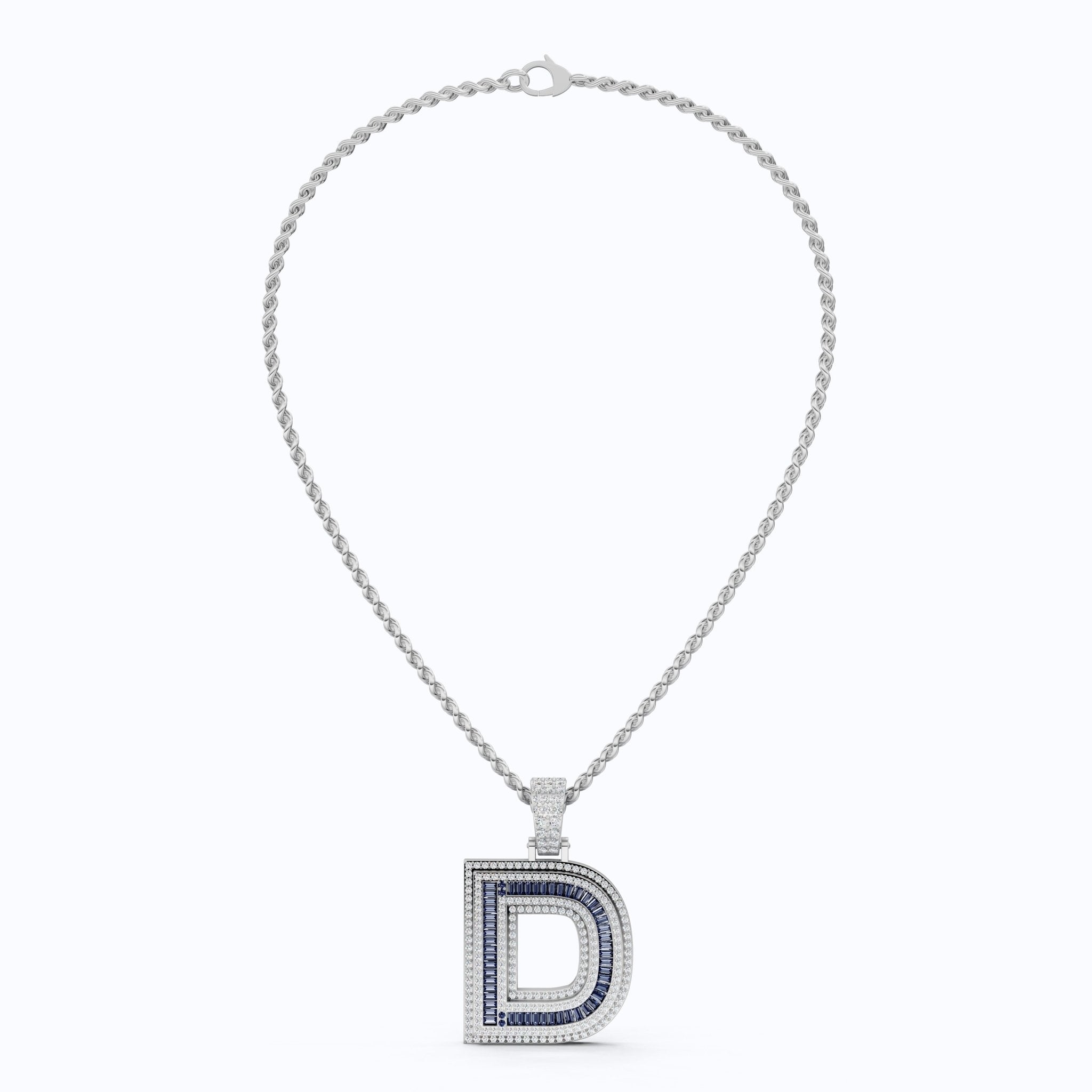Alphabet Initial D Baguette Pavé Hip - Hop Pendant in Lab Diamond or Sapphire Gemstone – 14k White Gold, Iced Out Pendant Gift for Him - Shoora Designs