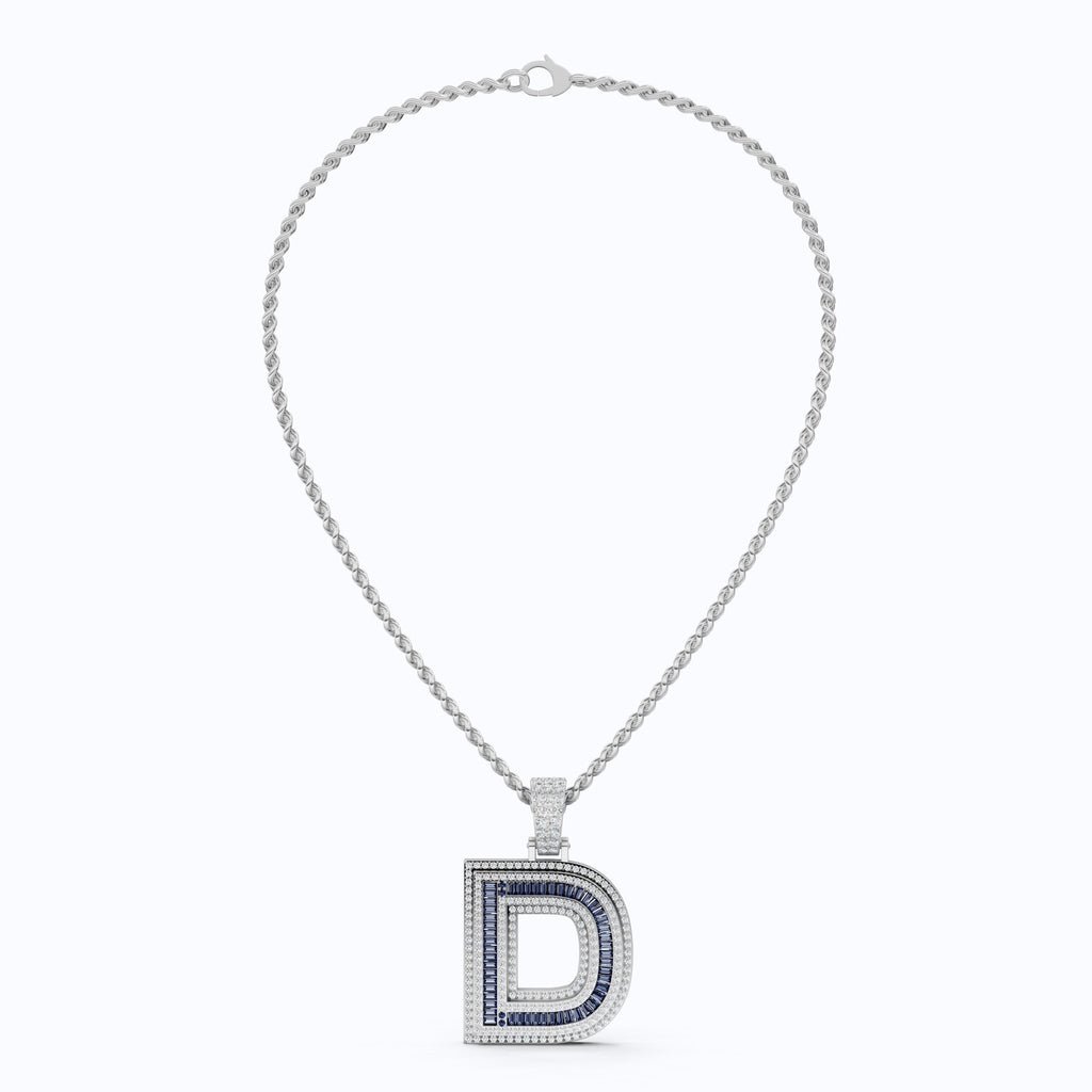 Alphabet Initial D Baguette Pavé Hip - Hop Pendant in Lab Diamond or Sapphire Gemstone – 14k White Gold, Iced Out Pendant Gift for Him - Shoora Designs