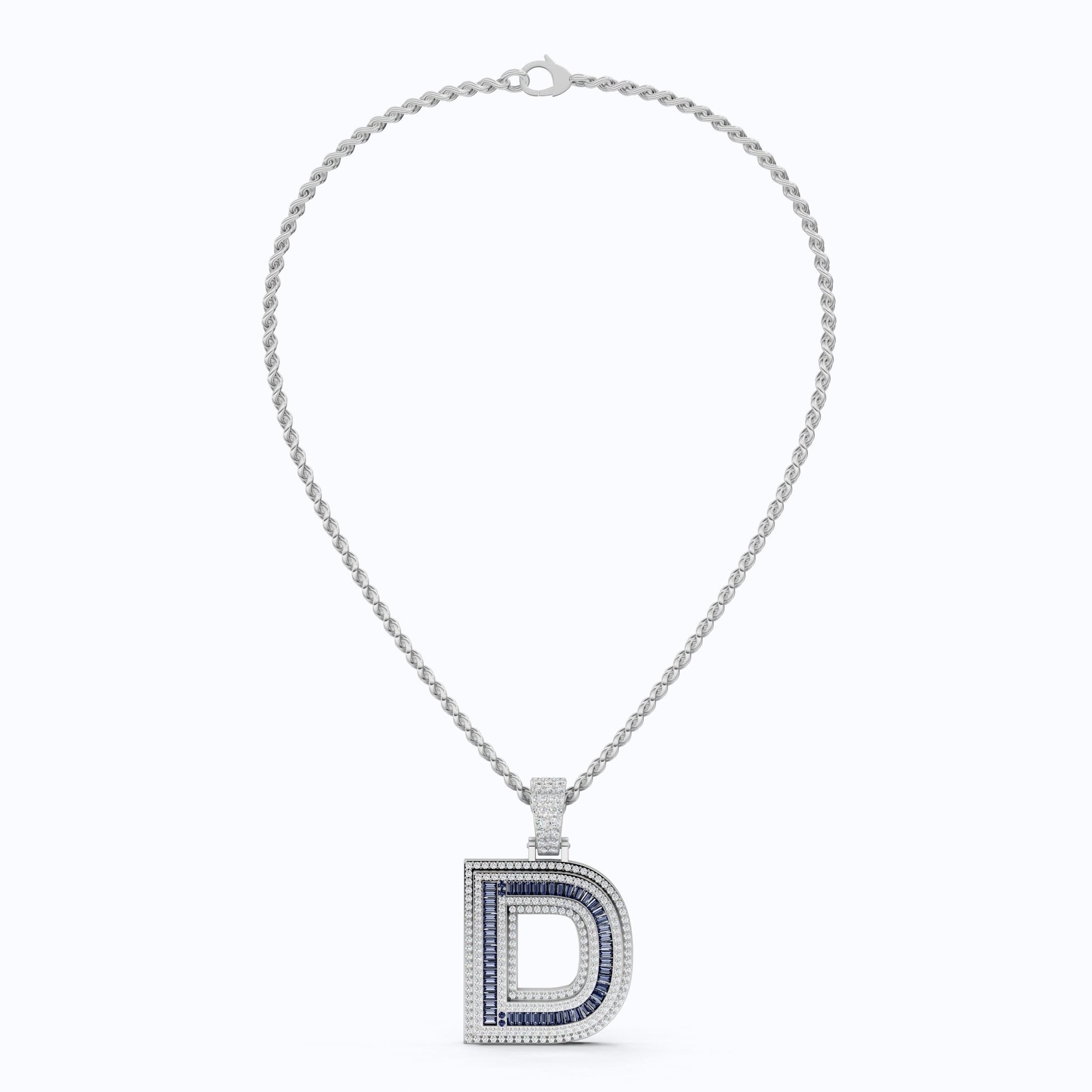 Alphabet Initial D Baguette Pavé Hip - Hop Pendant in Lab Diamond or Sapphire Gemstone – 14k White Gold, Iced Out Pendant Gift for Him - Shoora Designs