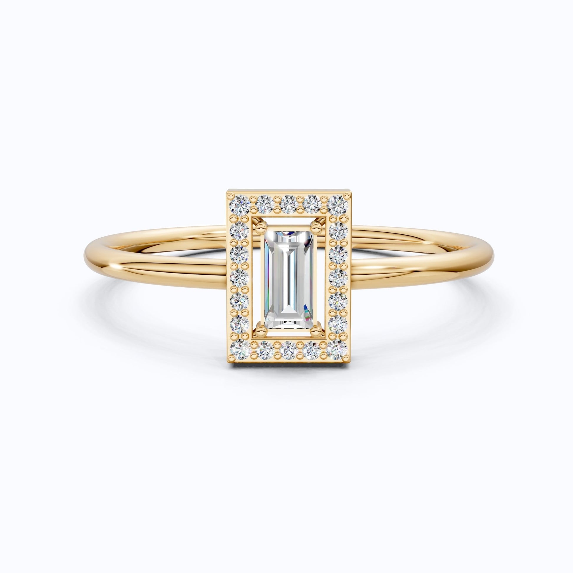 Art Deco Baguette Cut Rectangle Halo Engagement Ring in Lab Diamond – 14k Solid Gold, Geometric Vertical Emerald Shaped Ring, Wedding Gift for Wife - Shoora Designs