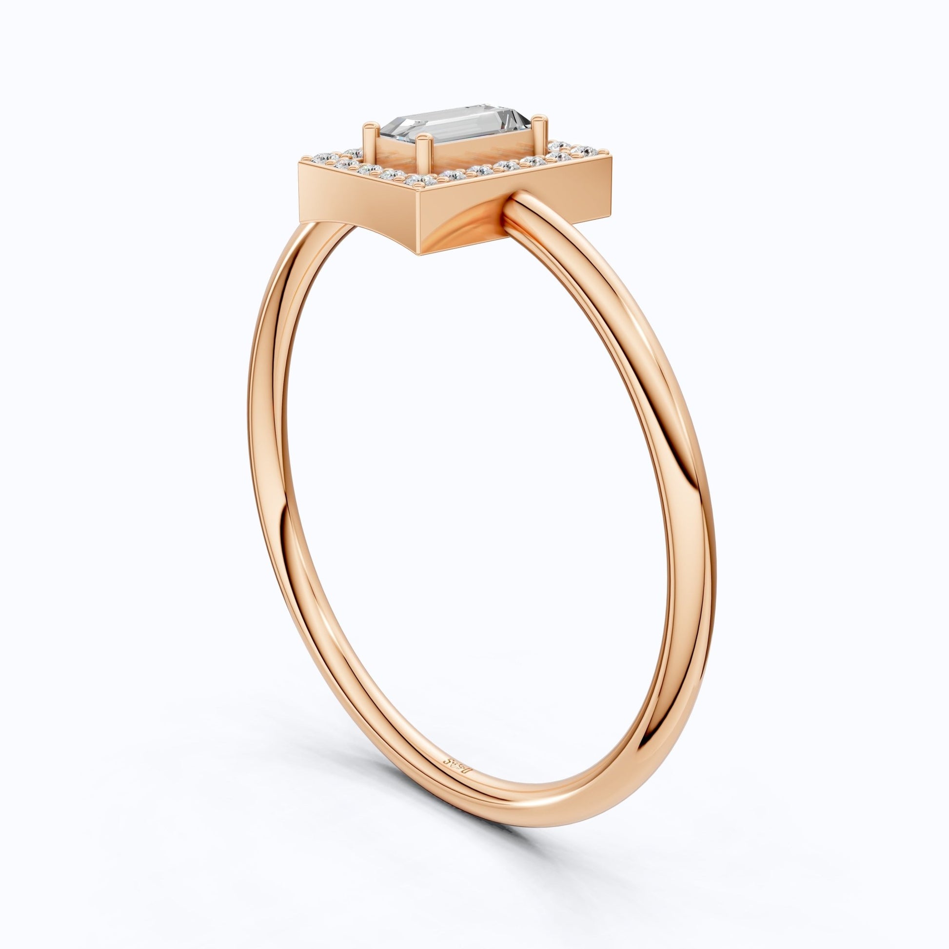 Art Deco Baguette Cut Rectangle Halo Engagement Ring in Lab Diamond – 14k Solid Gold, Geometric Vertical Emerald Shaped Ring, Wedding Gift for Wife - Shoora Designs