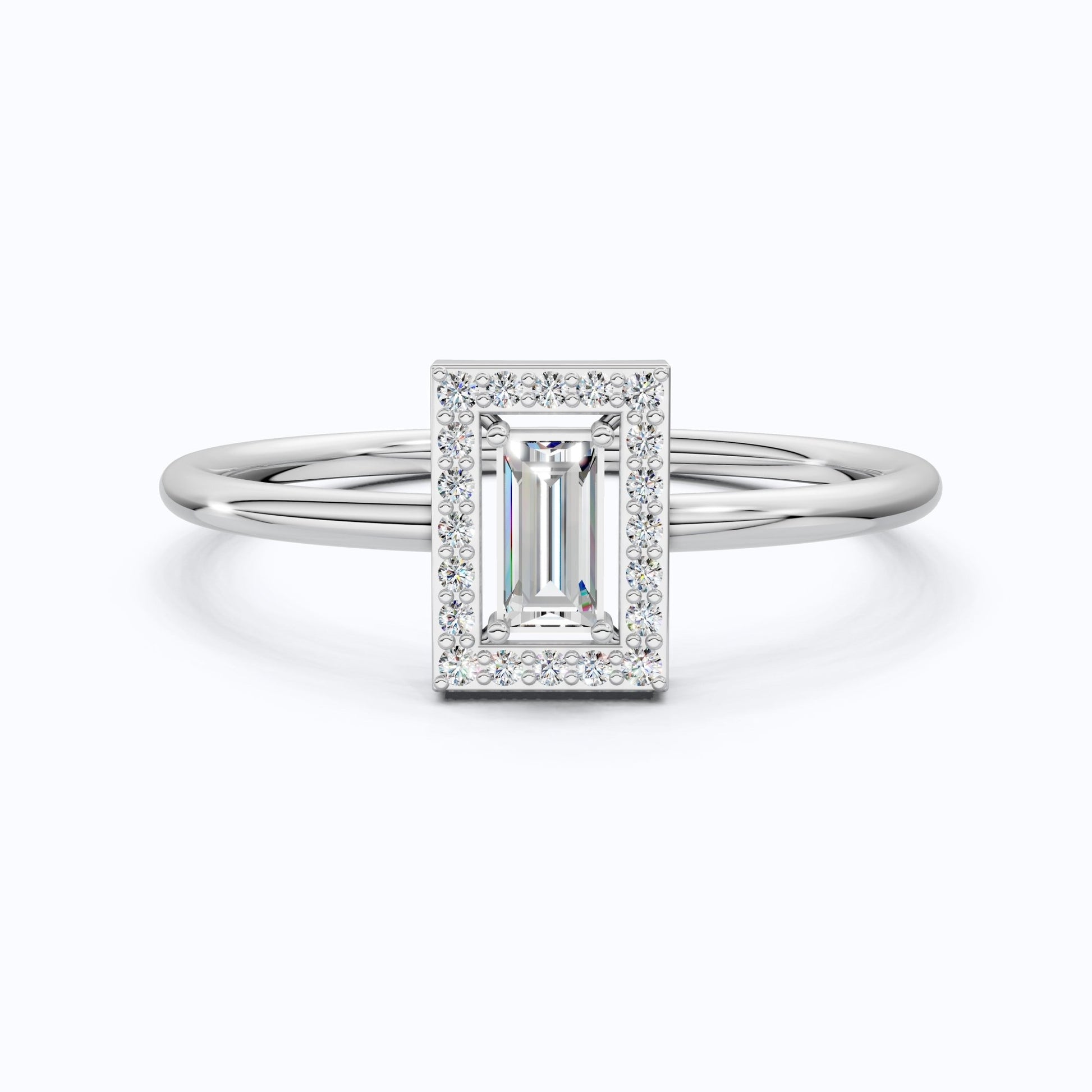 Art Deco Baguette Cut Rectangle Halo Engagement Ring in Lab Diamond – 14k Solid Gold, Geometric Vertical Emerald Shaped Ring, Wedding Gift for Wife - Shoora Designs