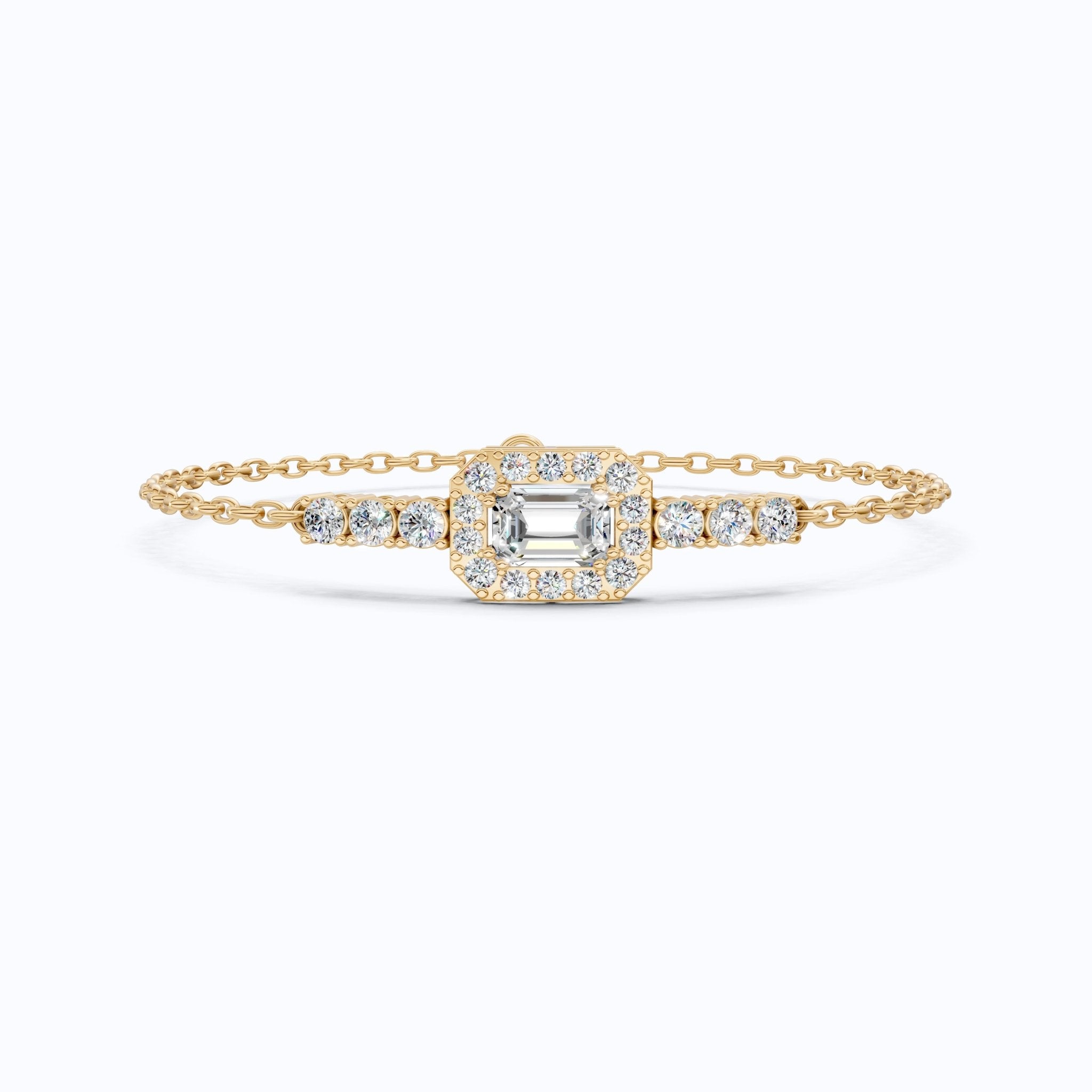 Art Deco Emerald - Cut Halo Cluster Luxury Bracelet in Lab Grown Diamond - Solid 14k Gold, Wedding Gift for Women, Unique Chain Bracelet - Shoora Designs