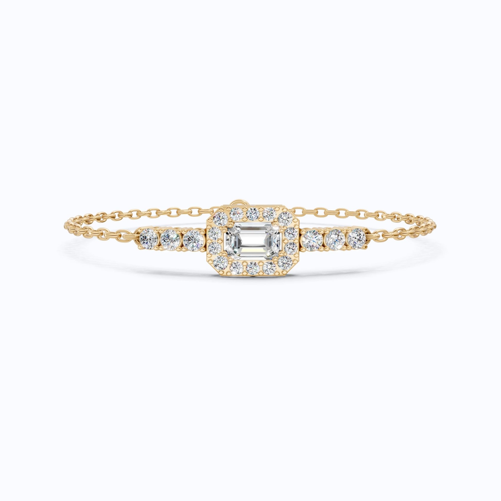 Art Deco Emerald - Cut Halo Cluster Luxury Bracelet in Lab Grown Diamond - Solid 14k Gold, Wedding Gift for Women, Unique Chain Bracelet - Shoora Designs