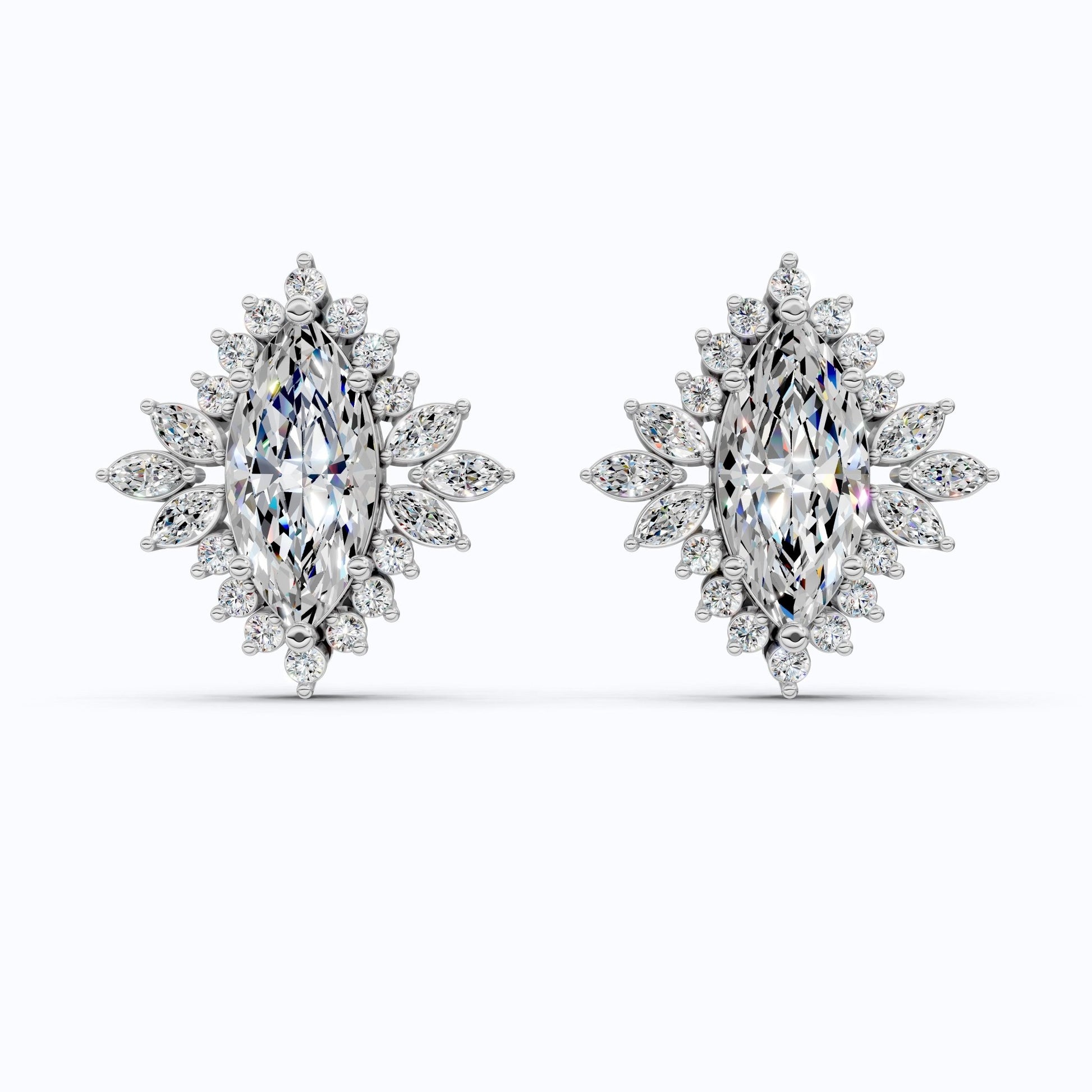 Art deco inspired marquise floral halo stud earrings in 14K Solid Gold, 2.50 TCW Marquise Cut Lab Created Diamonds, bridal jewelry, Wedding Gift For Her - Shoora Designs