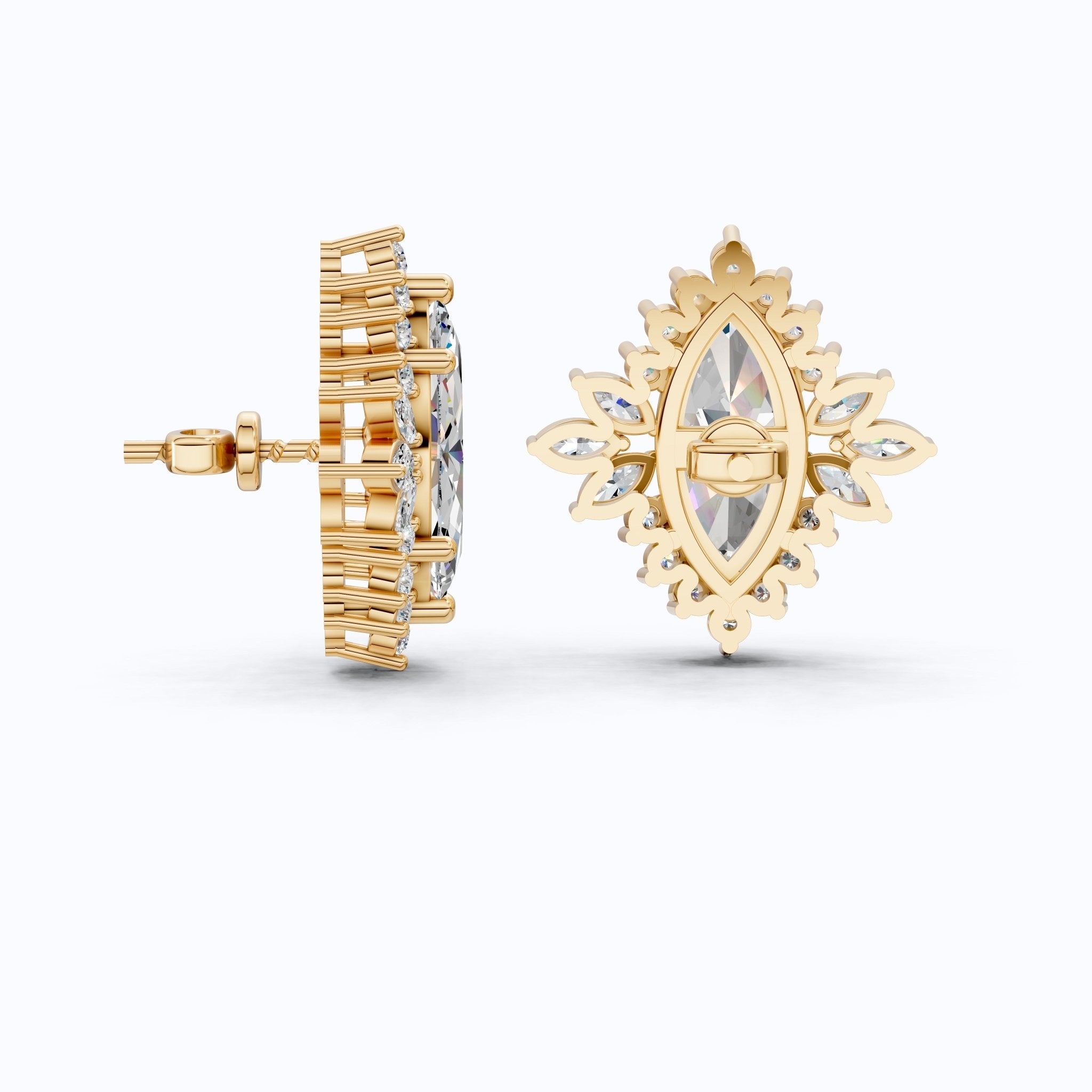 Art deco inspired marquise floral halo stud earrings in 14K Solid Gold, 2.50 TCW Marquise Cut Lab Created Diamonds, bridal jewelry, Wedding Gift For Her - Shoora Designs