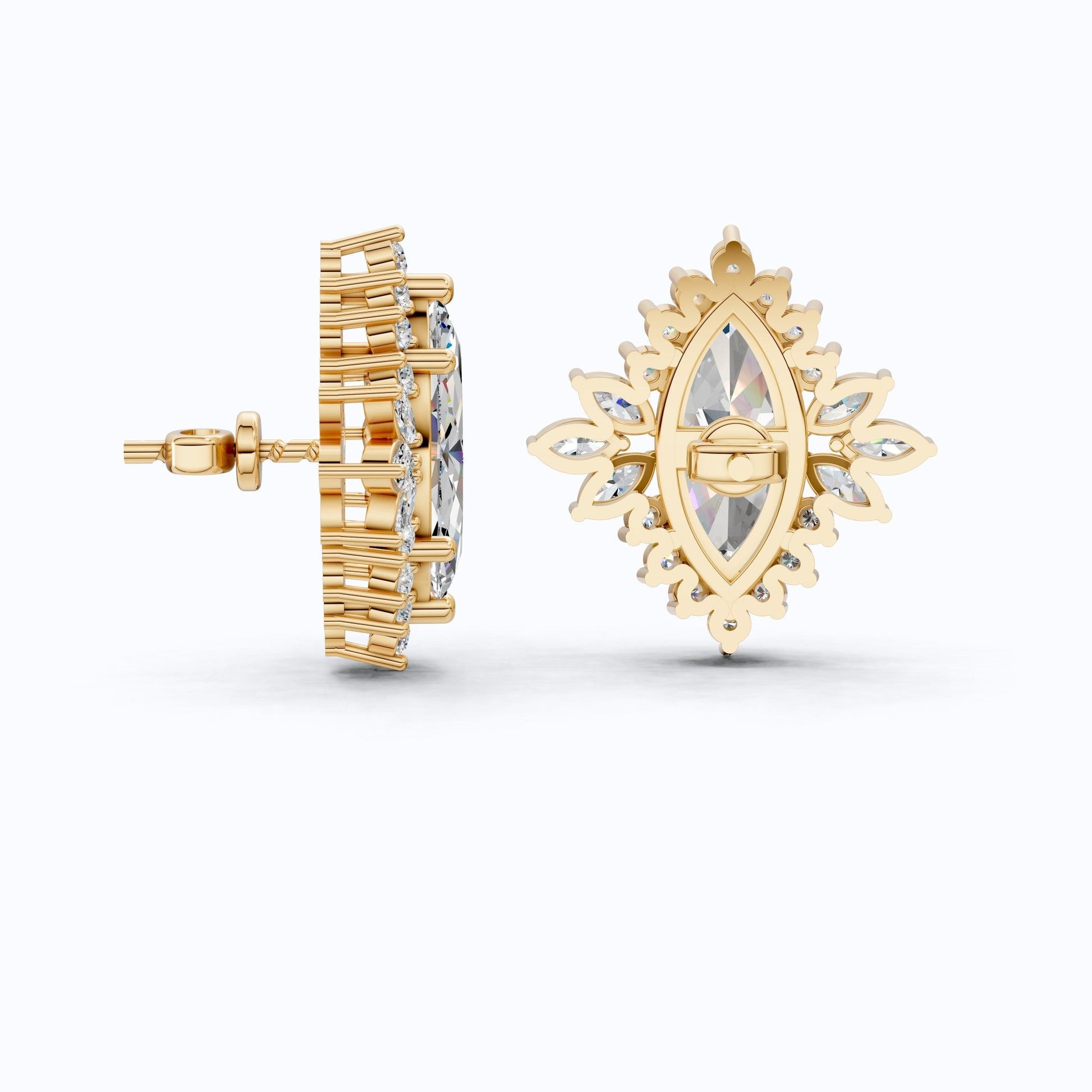 Art deco inspired marquise floral halo stud earrings in 14K Solid Gold, 2.50 TCW Marquise Cut Lab Created Diamonds, bridal jewelry, Wedding Gift For Her - Shoora Designs