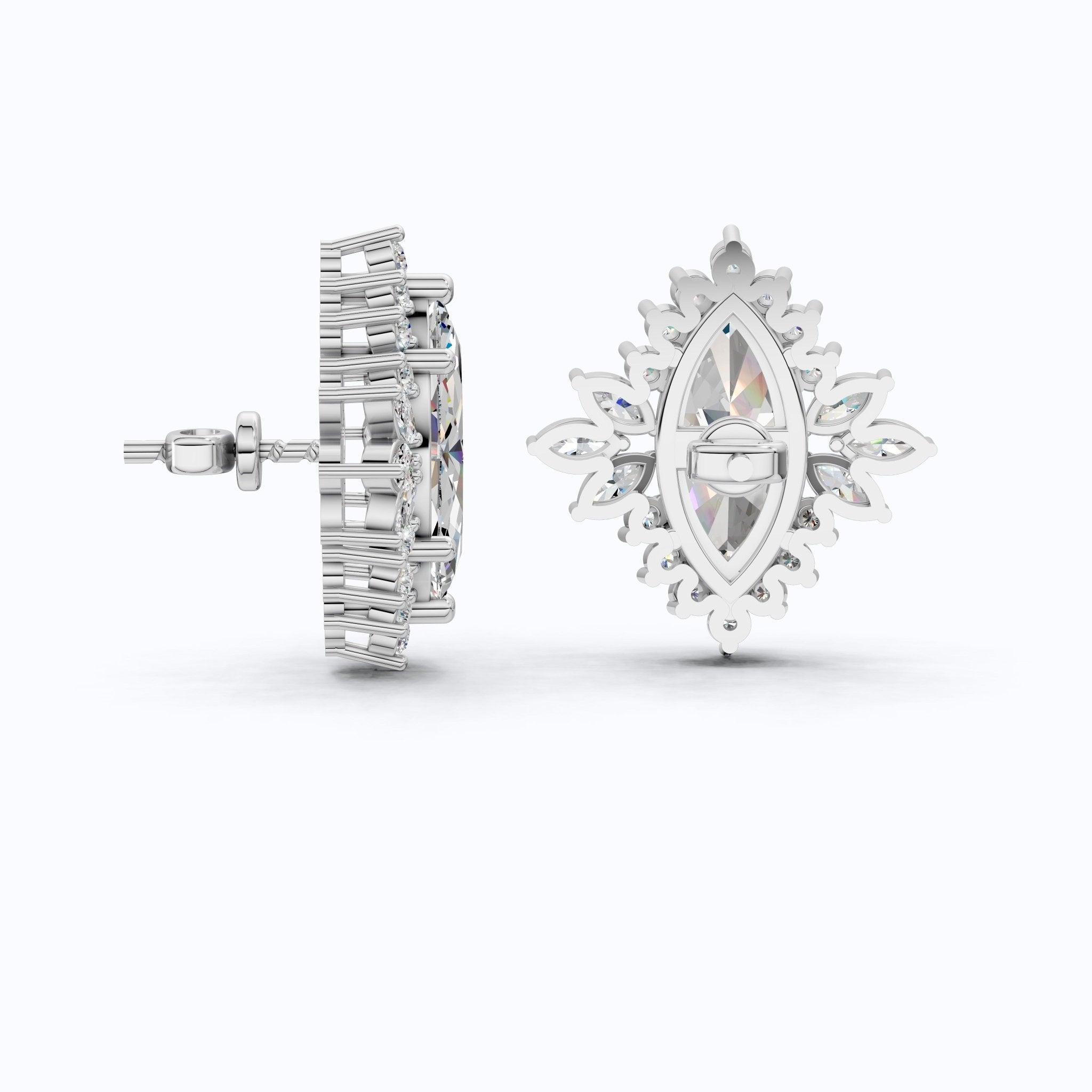 Art deco inspired marquise floral halo stud earrings in 14K Solid Gold, 2.50 TCW Marquise Cut Lab Created Diamonds, bridal jewelry, Wedding Gift For Her - Shoora Designs