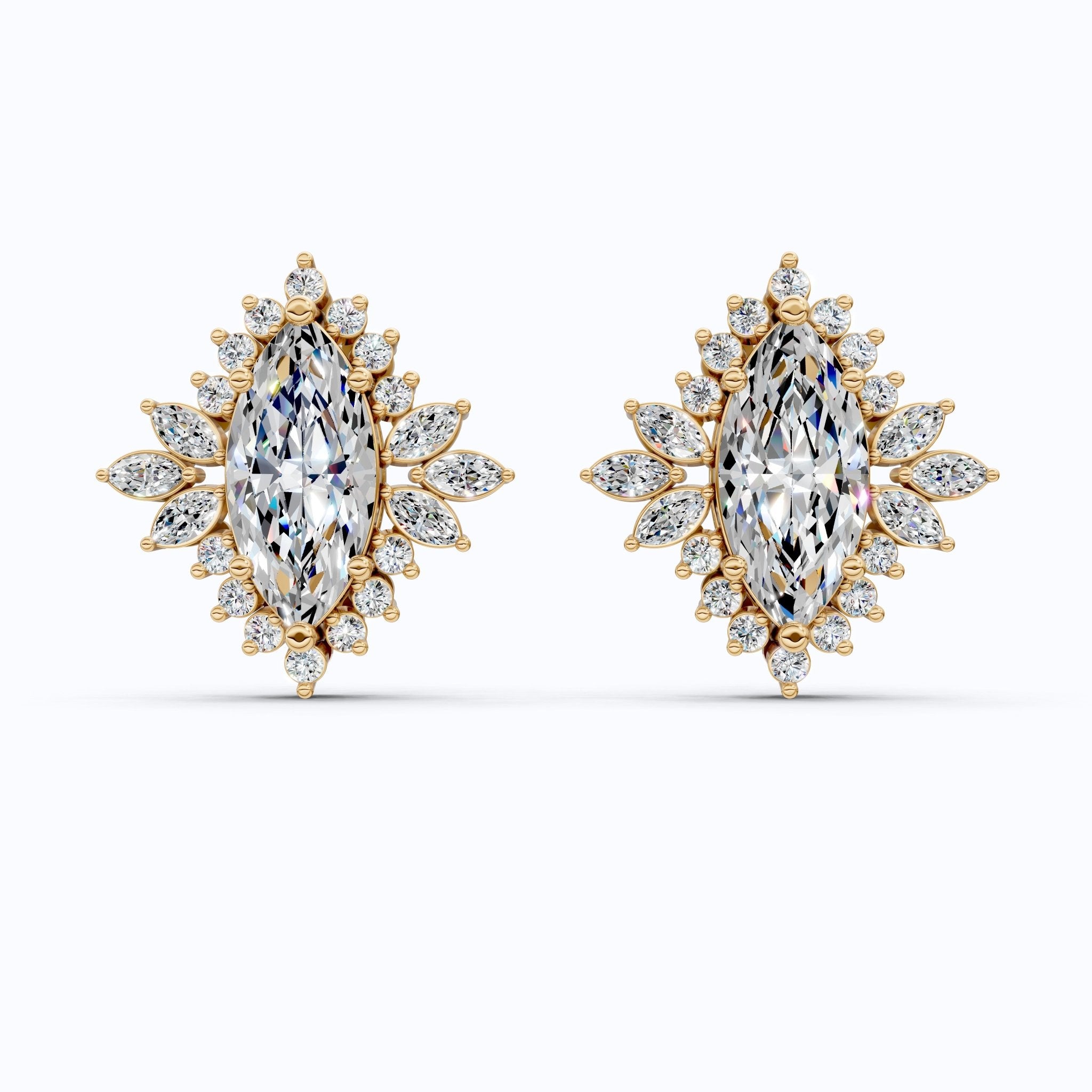 Art deco inspired marquise floral halo stud earrings in 14K Solid Gold, 2.50 TCW Marquise Cut Lab Created Diamonds, bridal jewelry, Wedding Gift For Her - Shoora Designs