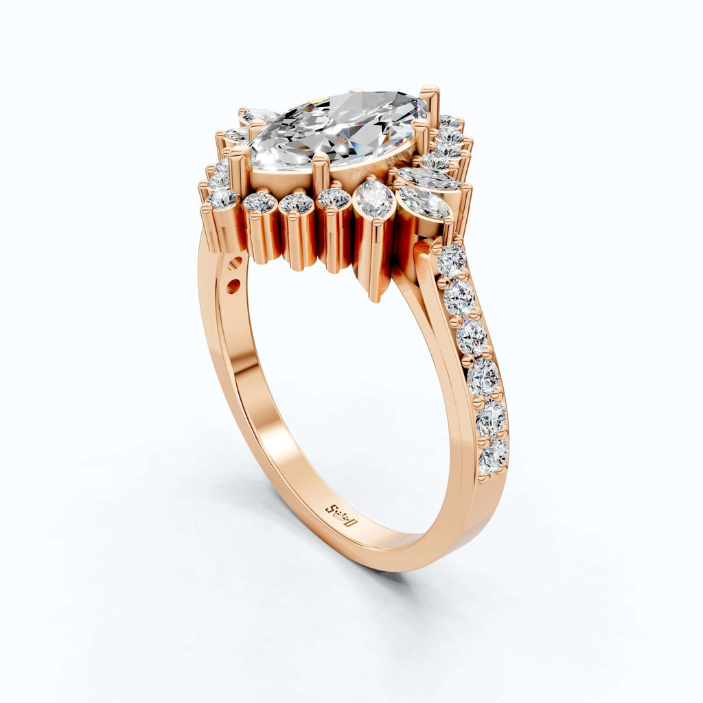 Art Deco Marquise Cluster Engagement Ring in 14k Solid Gold, 1.49 TCW Marquise/Round Cut Lab Created Diamonds, Anniversary Gift For Wife, Daily Wear Jewelry - Shoora Designs