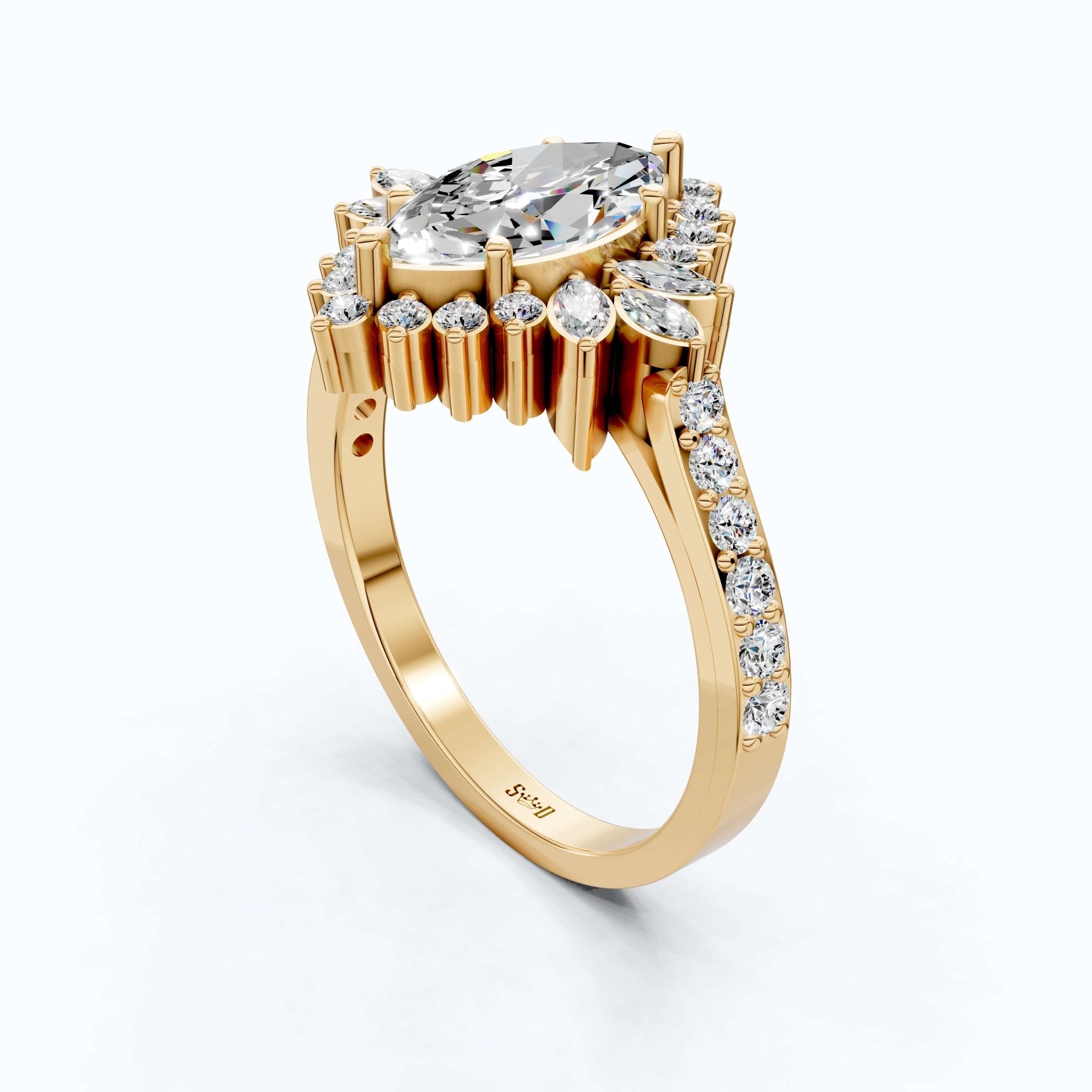 Art Deco Marquise Cluster Engagement Ring in 14k Solid Gold, 1.49 TCW Marquise/Round Cut Lab Created Diamonds, Anniversary Gift For Wife, Daily Wear Jewelry - Shoora Designs