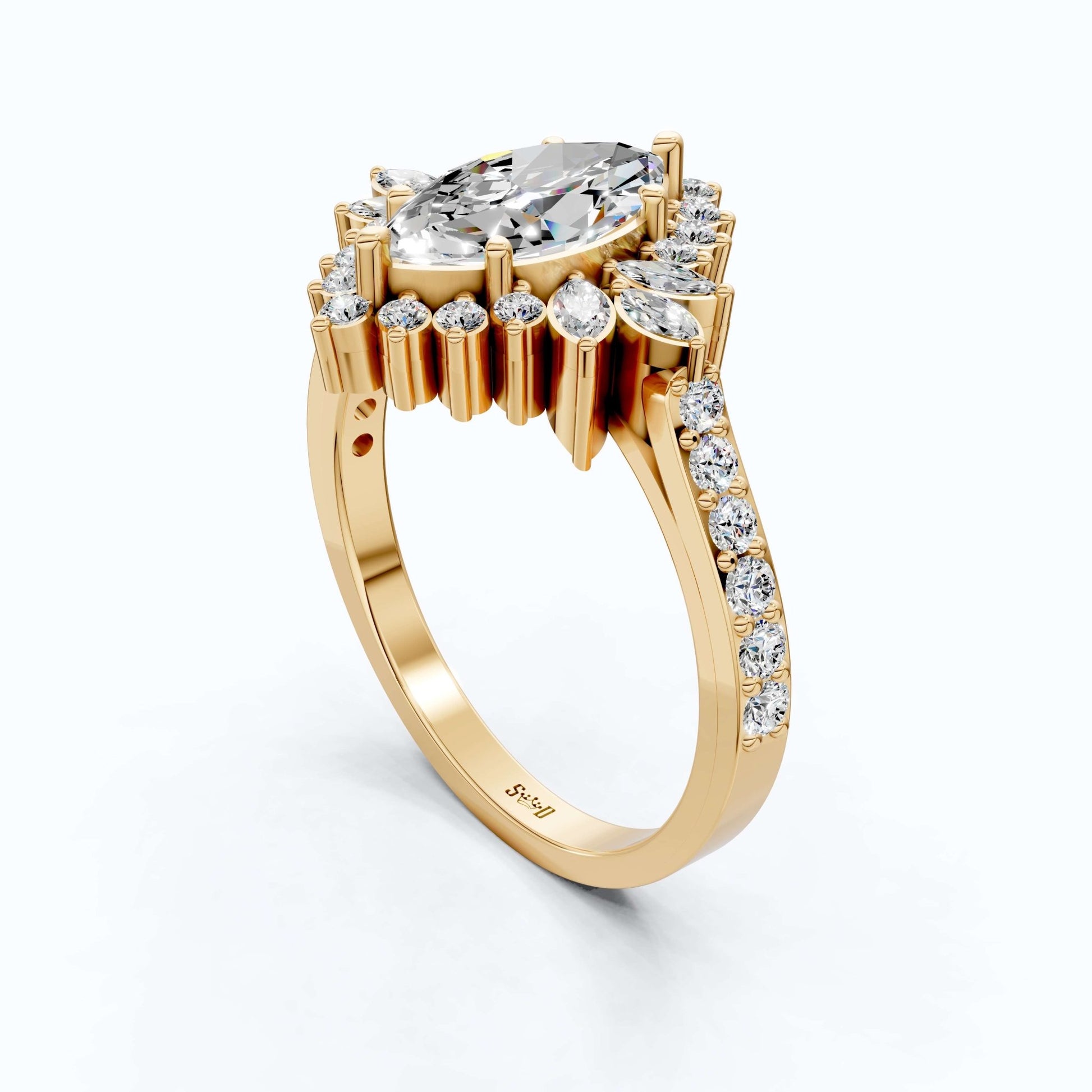 Art Deco Marquise Cluster Engagement Ring in 14k Solid Gold, 1.49 TCW Marquise/Round Cut Lab Created Diamonds, Anniversary Gift For Wife, Daily Wear Jewelry - Shoora Designs