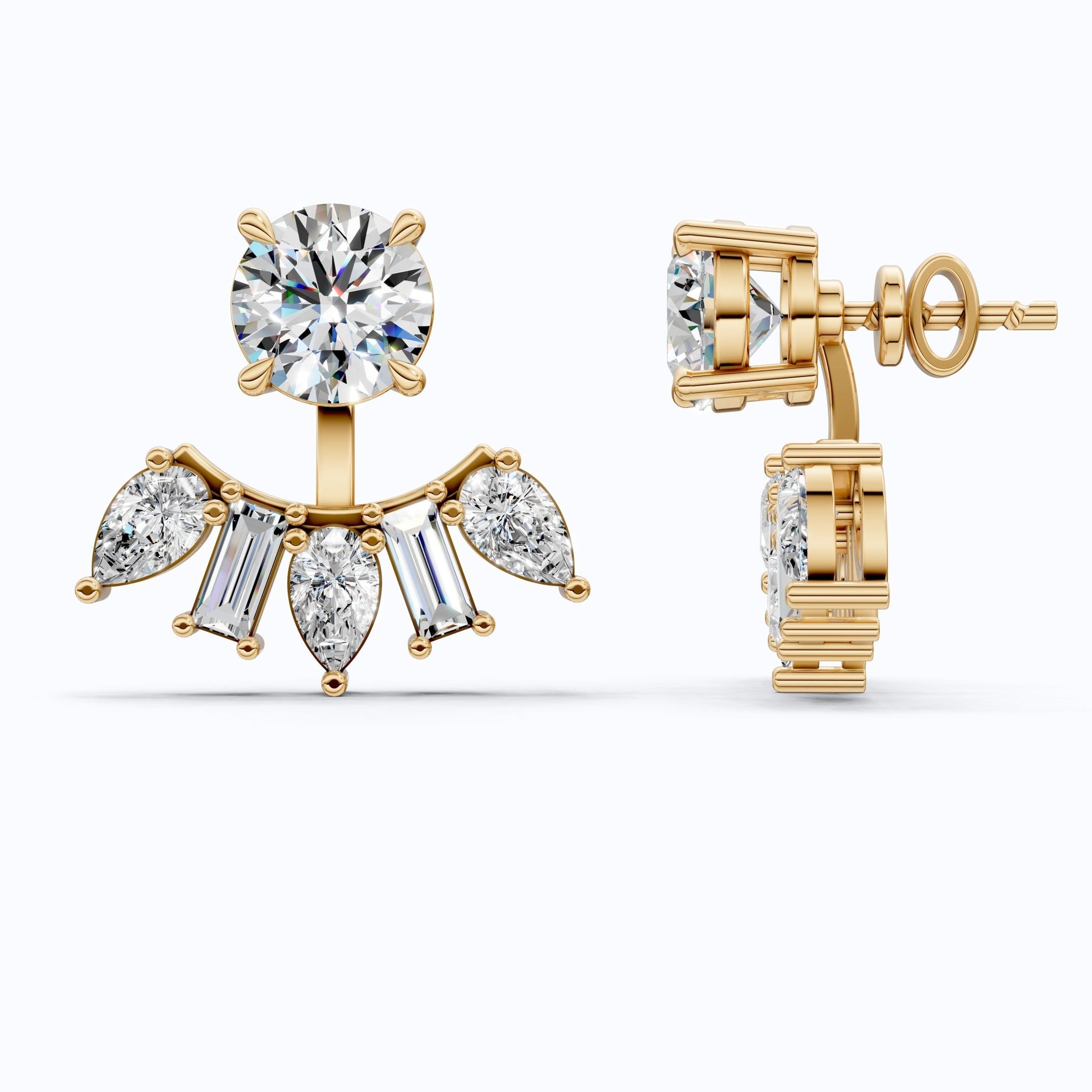 Art Deco Sunburst Ear Jacket Weddings in Lab Diamond – 14k Solid Gold, Cluster Fan Ear Jacket Earrings, Handmade Bridal Jewelry - Shoora Designs