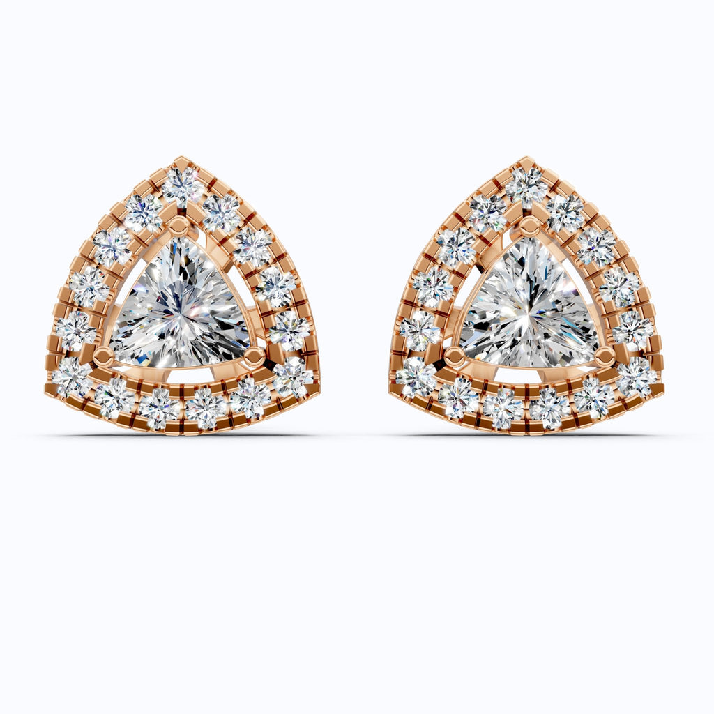 Art Deco Trillion Cut Halo Stud Earrings in Lab Diamond - 14K Solid Gold, Wedding Earrings for Women, Wedding Handmade Jewelry - Shoora Designs
