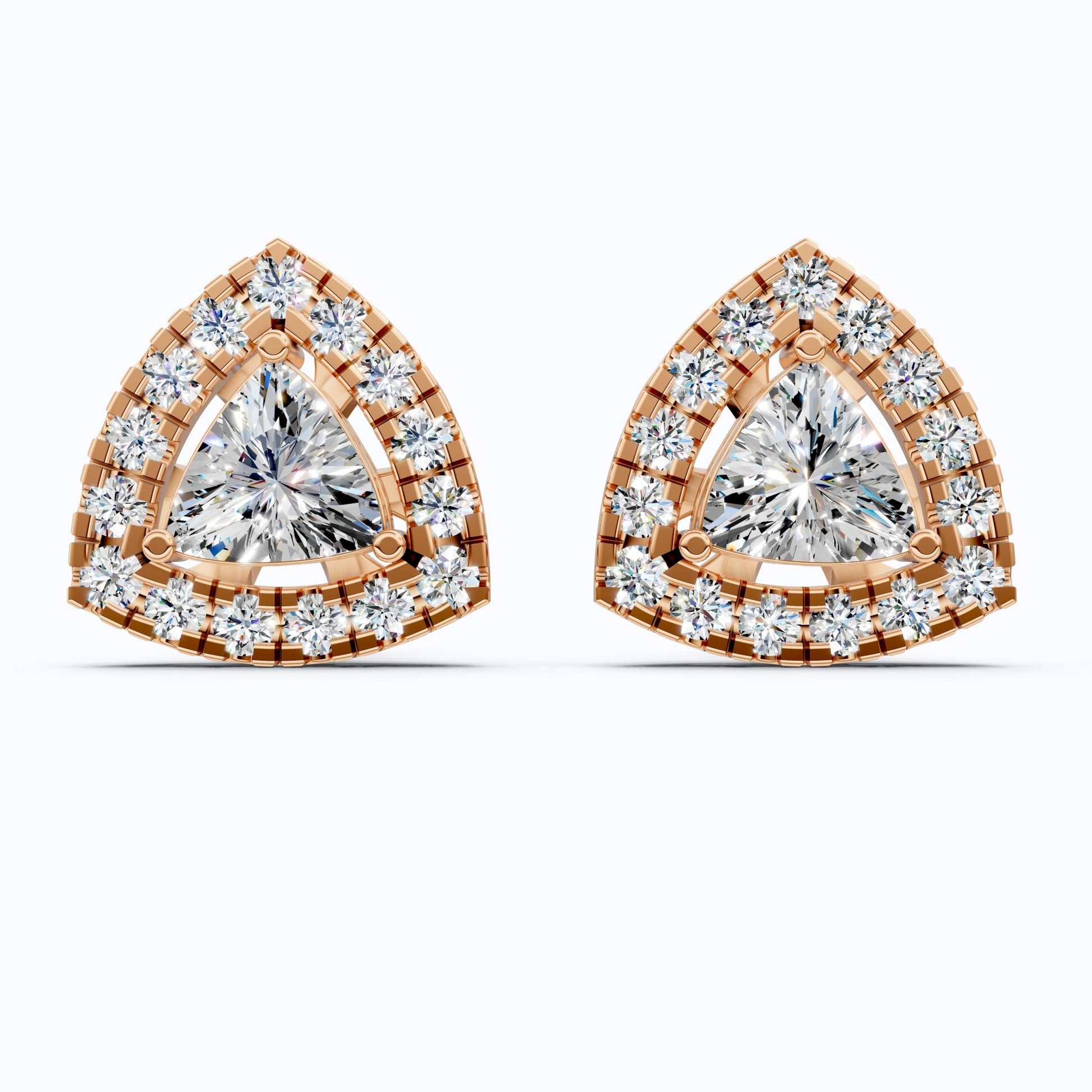 Art Deco Trillion Cut Halo Stud Earrings in Lab Diamond - 14K Solid Gold, Wedding Earrings for Women, Wedding Handmade Jewelry - Shoora Designs