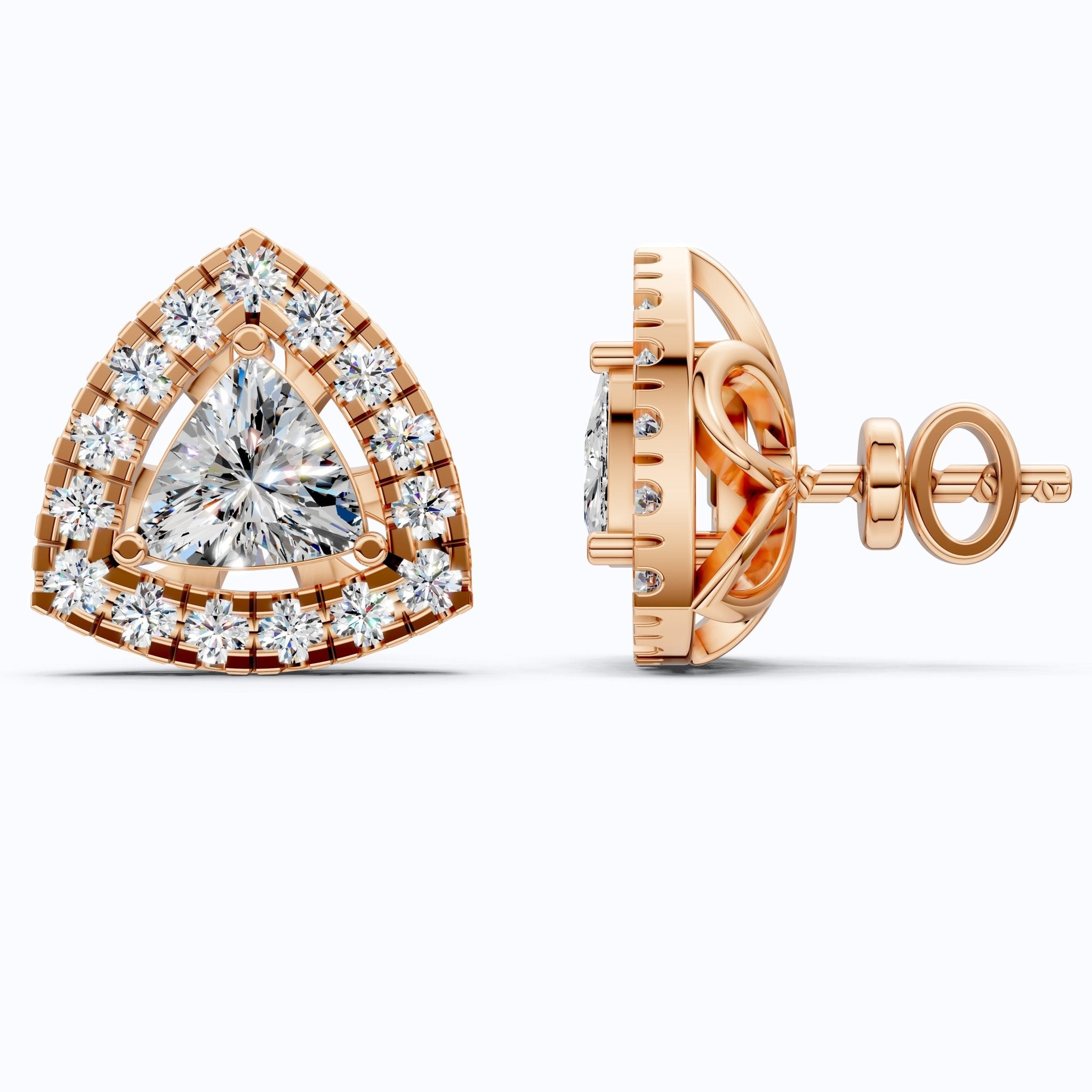 Art Deco Trillion Cut Halo Stud Earrings in Lab Diamond - 14K Solid Gold, Wedding Earrings for Women, Wedding Handmade Jewelry - Shoora Designs