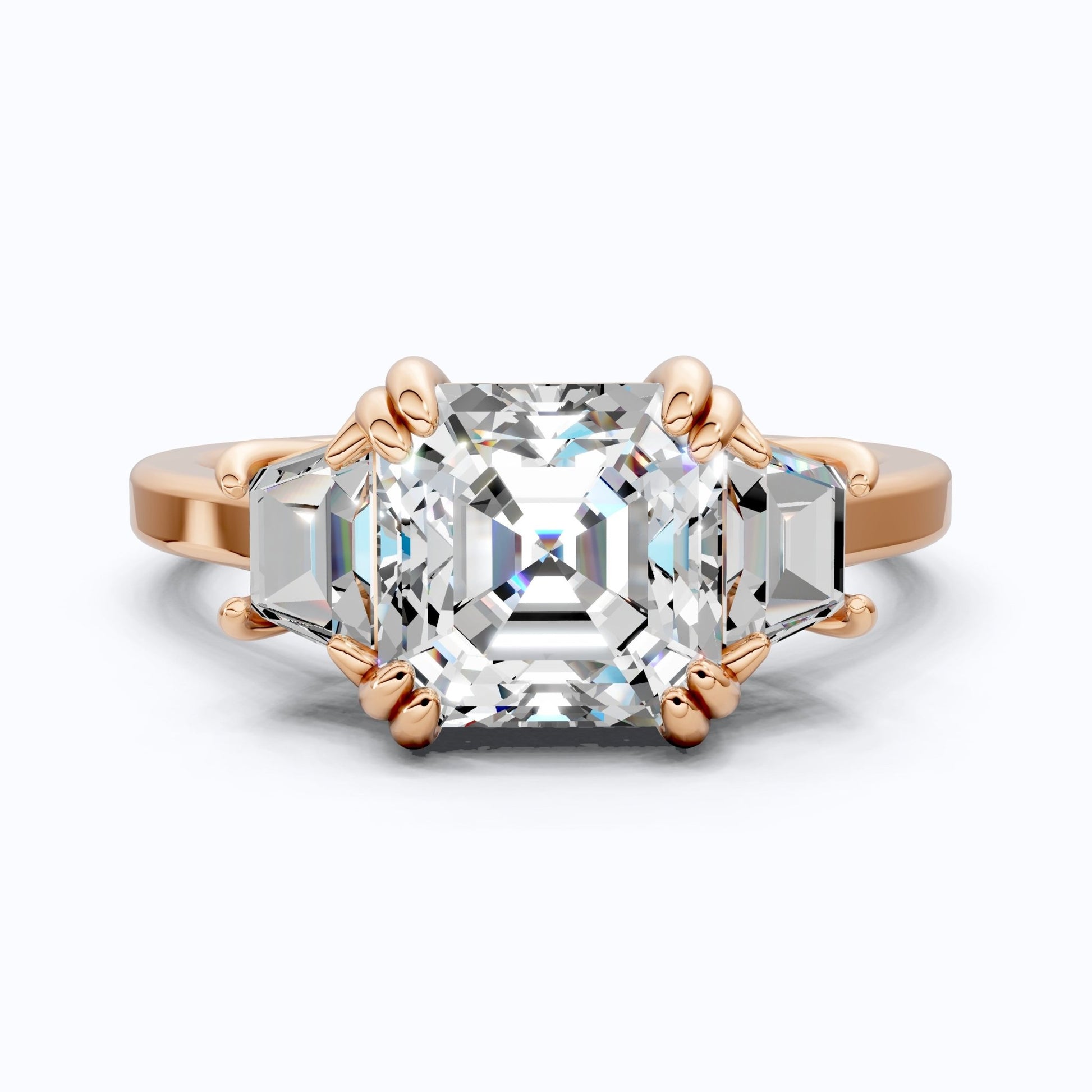 Asscher Cut Three Stone Engagement Ring with Tapered Side Stones in Moissanite or Lab Grown Diamond – Solid 14k/18k Gold or Silver Engagement Gift, Handmade Jewelry - Shoora Designs