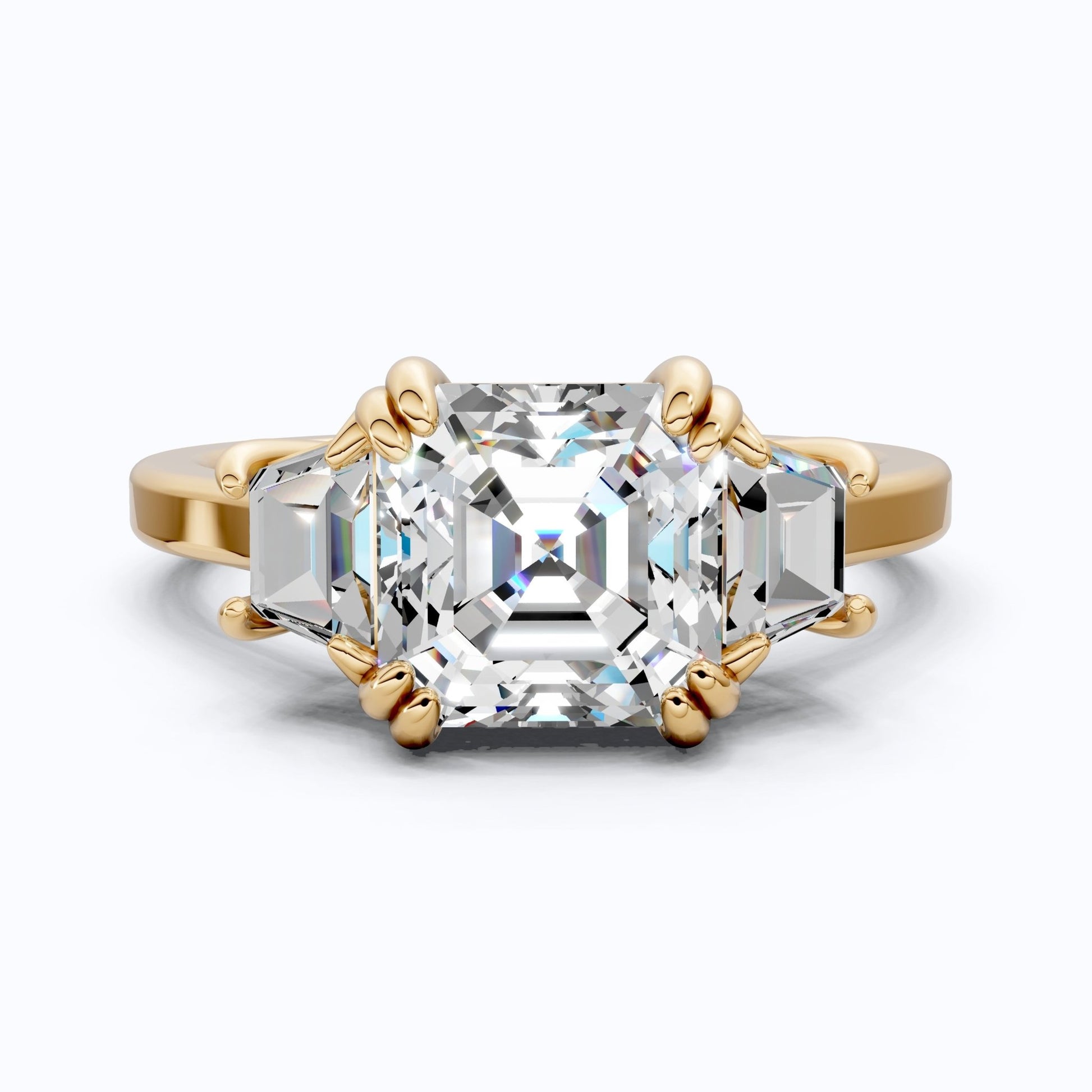 Asscher Cut Three Stone Engagement Ring with Tapered Side Stones in Moissanite or Lab Grown Diamond – Solid 14k/18k Gold or Silver Engagement Gift, Handmade Jewelry - Shoora Designs