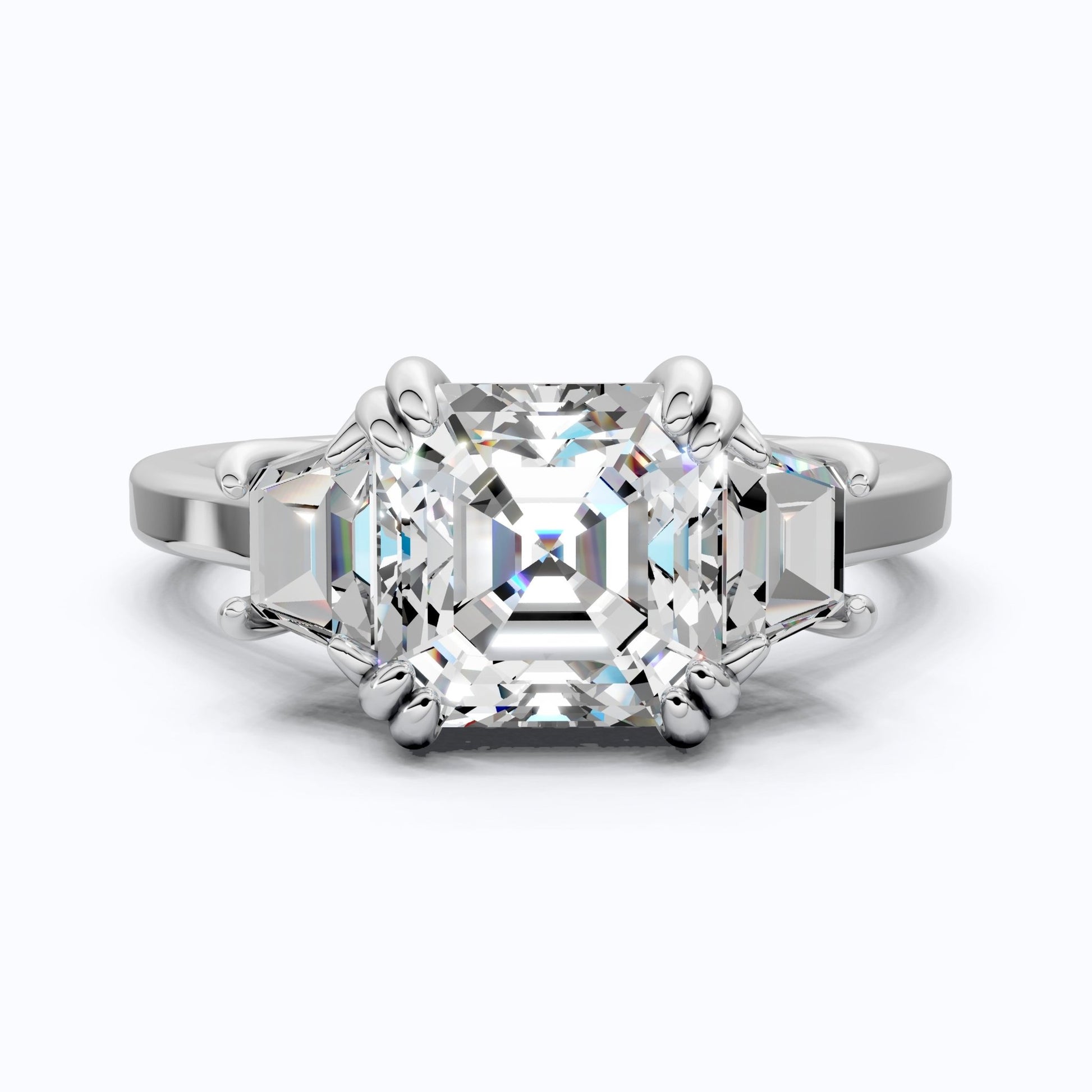 Asscher Cut Three Stone Engagement Ring with Tapered Side Stones in Moissanite or Lab Grown Diamond – Solid 14k/18k Gold or Silver Engagement Gift, Handmade Jewelry - Shoora Designs
