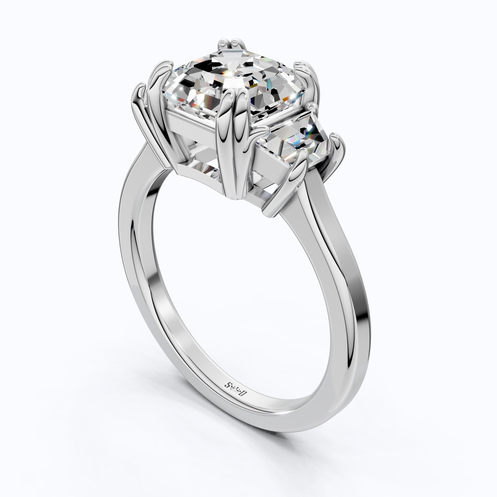 Asscher Cut Three Stone Engagement Ring with Tapered Side Stones in Moissanite or Lab Grown Diamond – Solid 14k/18k Gold or Silver Engagement Gift, Handmade Jewelry - Shoora Designs