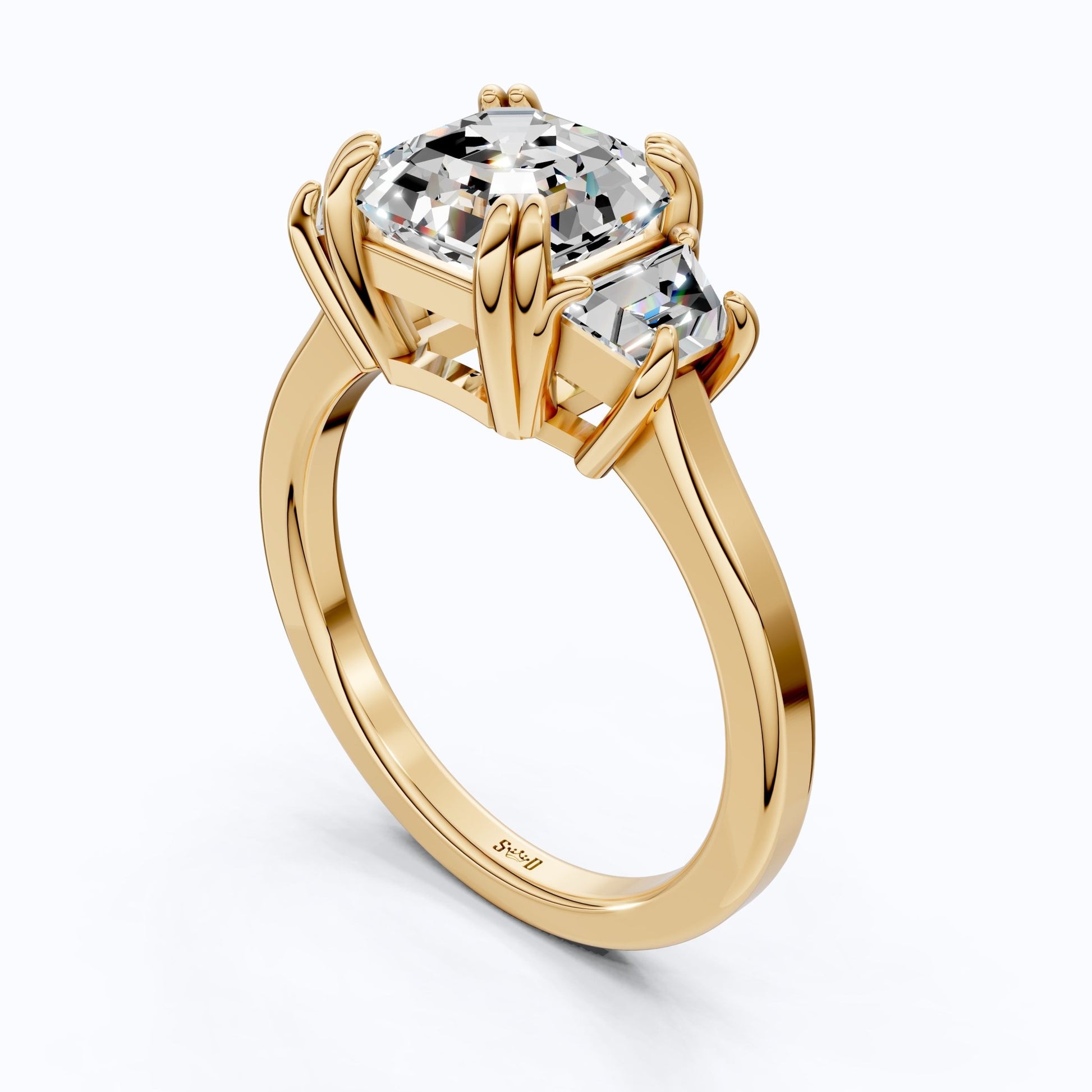 Asscher Cut Three Stone Engagement Ring with Tapered Side Stones in Moissanite or Lab Grown Diamond – Solid 14k/18k Gold or Silver Engagement Gift, Handmade Jewelry - Shoora Designs