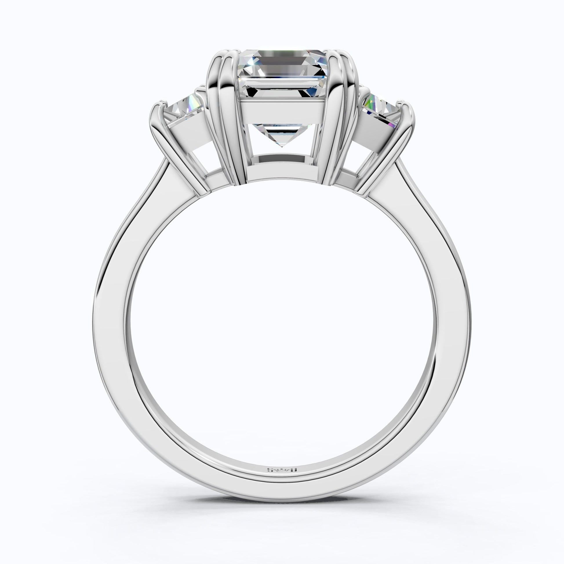 Asscher Cut Three Stone Engagement Ring with Tapered Side Stones in Moissanite or Lab Grown Diamond – Solid 14k/18k Gold or Silver Engagement Gift, Handmade Jewelry - Shoora Designs