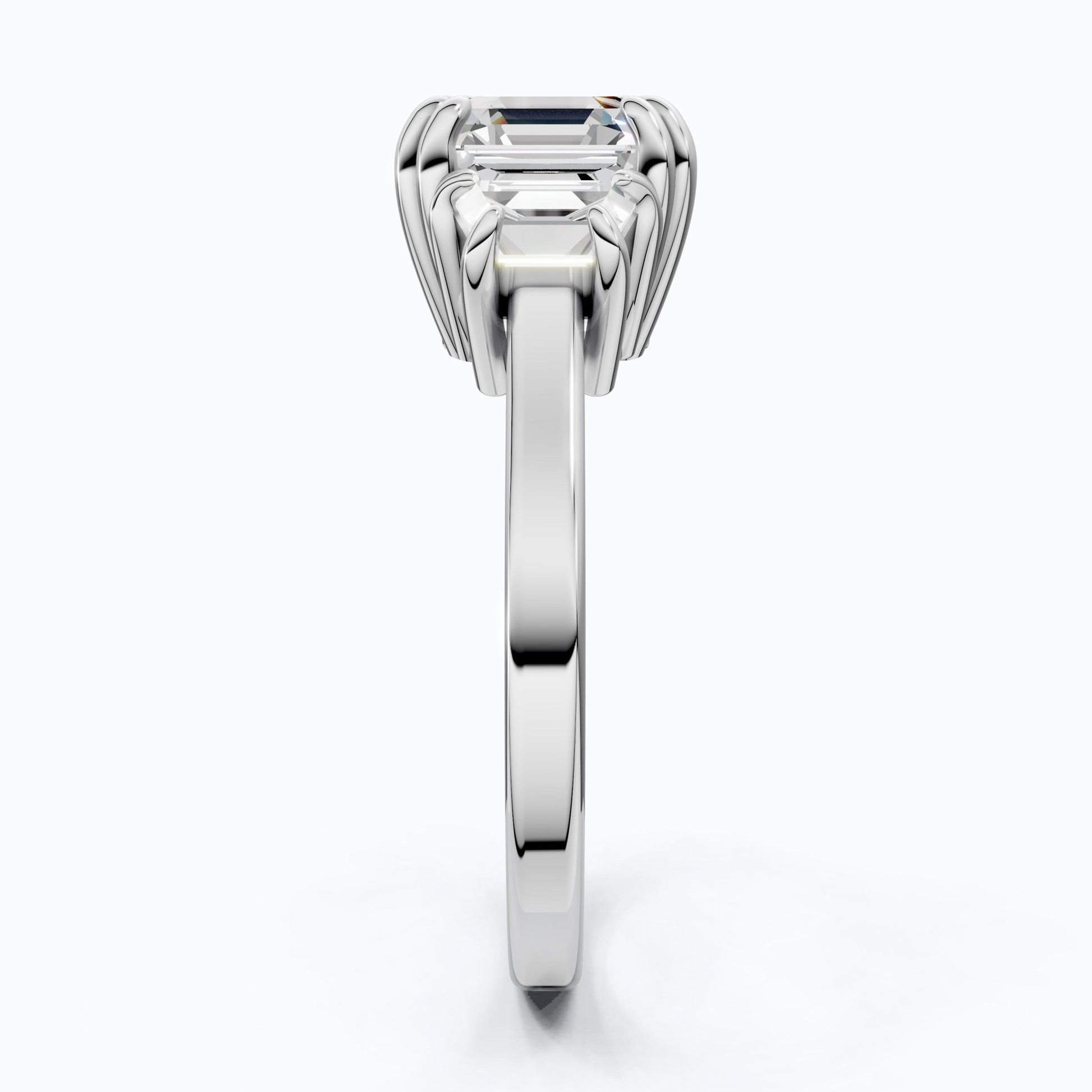 Asscher Cut Three Stone Engagement Ring with Tapered Side Stones in Moissanite or Lab Grown Diamond – Solid 14k/18k Gold or Silver Engagement Gift, Handmade Jewelry - Shoora Designs