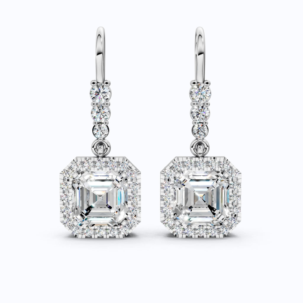 Asscher Halo Filigree Dangle with Round Accents Earrings in Lab Diamond 14k Solid Gold, Wedding Gift for Her - Shoora Designs